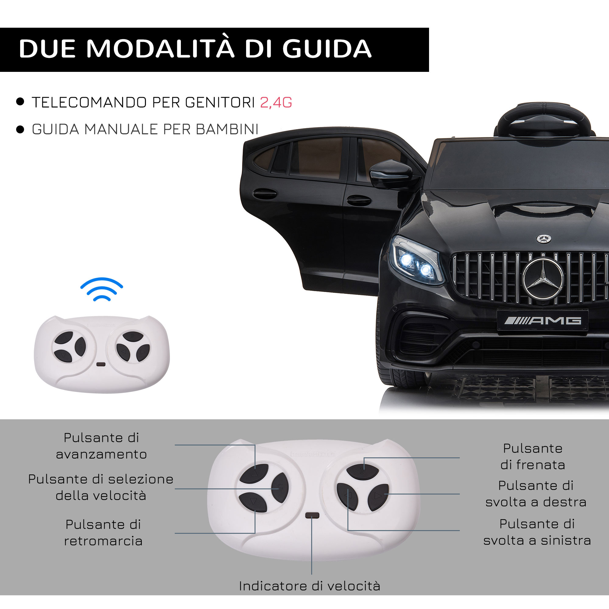 Macchina elettrica per bambini 3-5 anni mercedes con cintura di sicurezza e telecomando, nero - 