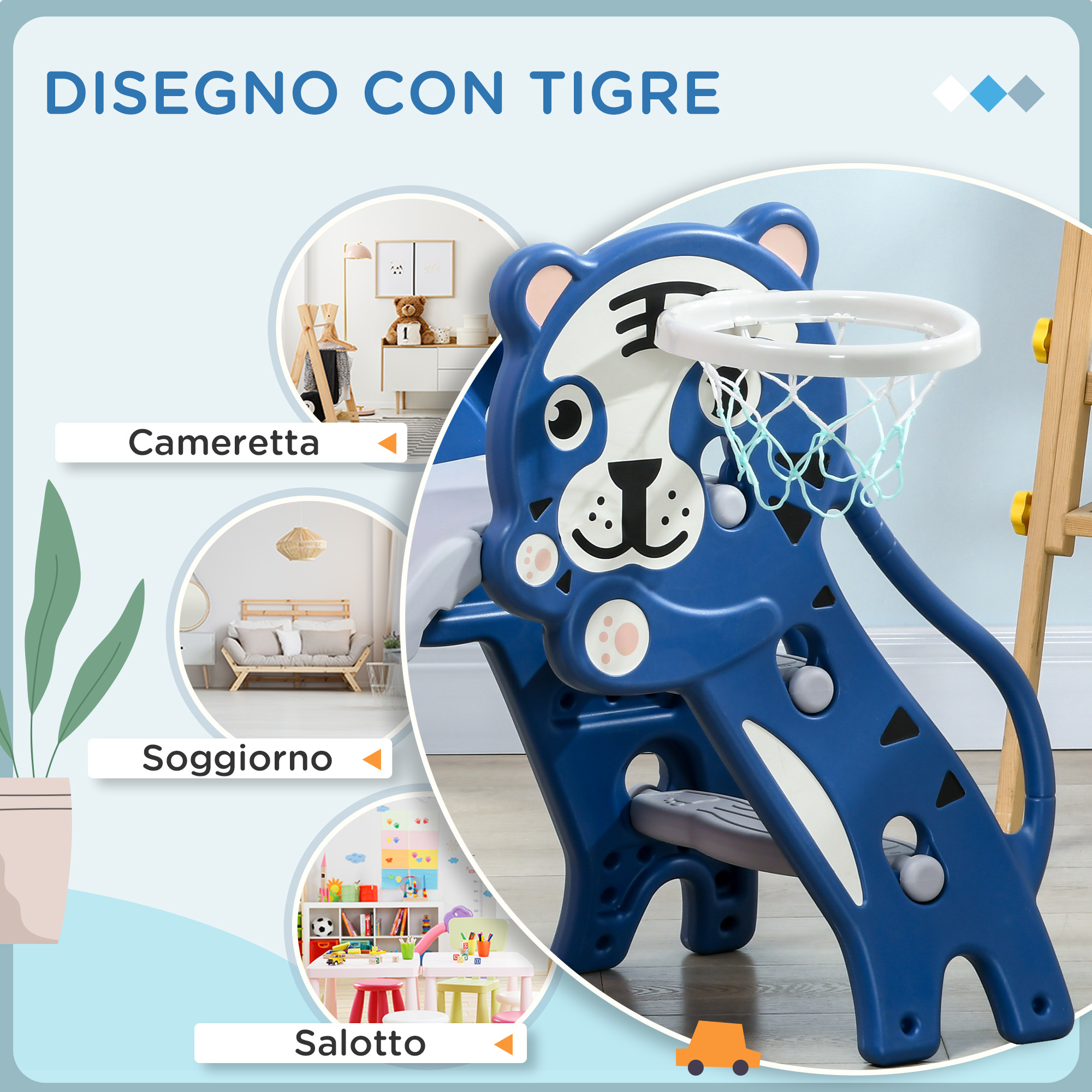 Scivolo per bambini 18-36 mesi con canestro da basket laterale in pe, 133x60x70 cm, blu e grigio - 