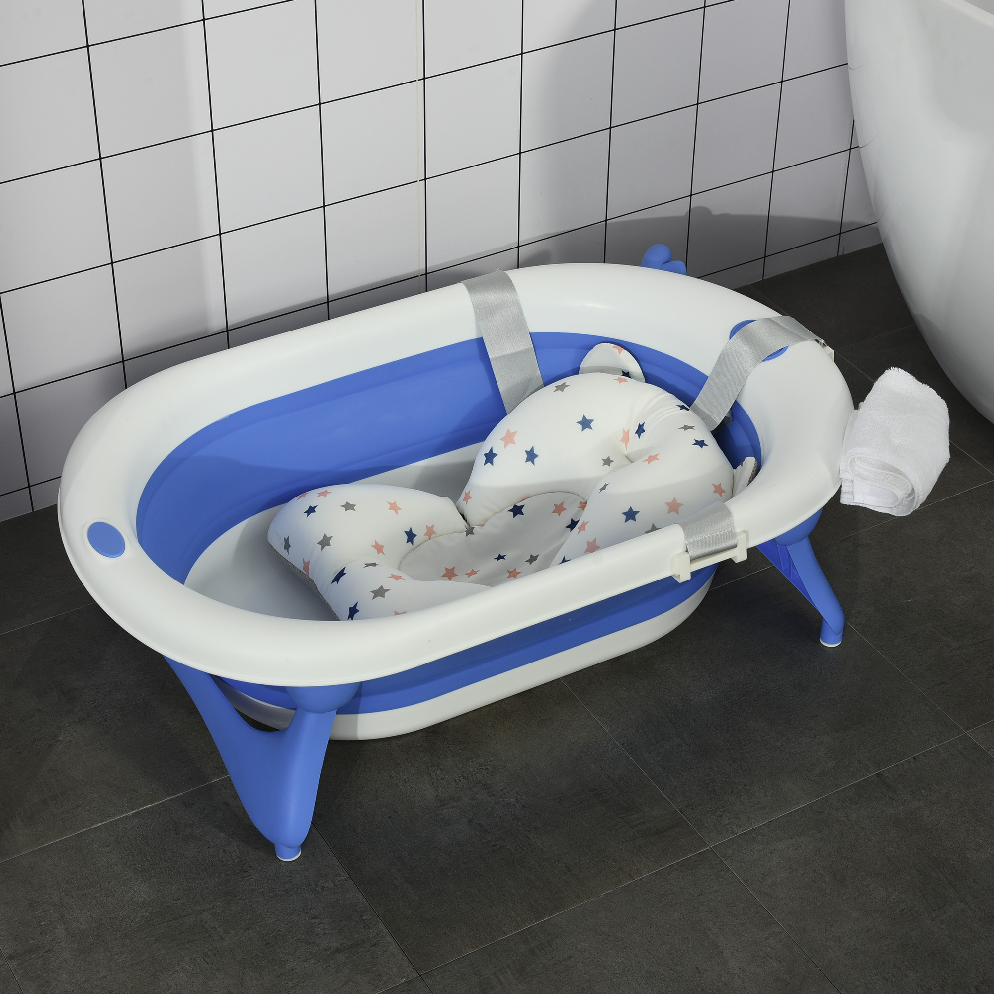 Vaschetta bagnetto pieghevole per bambini 0-3 anni con indicatore di temperatura e cuscino, 81.5x50.5x23.5 cm, blu - 