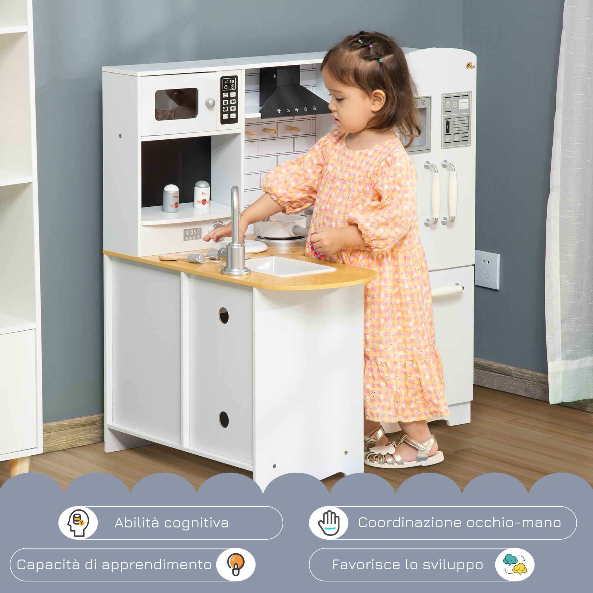 Cucina giocattolo in legno per bambini 3-6 anni con 14 accessori, forno e lavandino, 82x65x87 cm, bianco - 