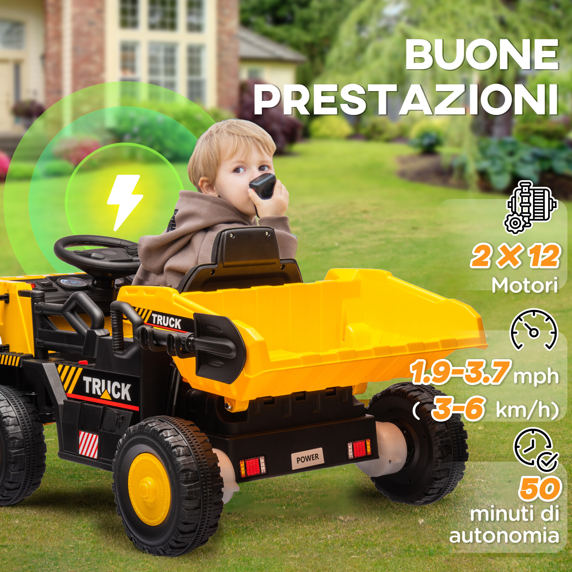 Camion per bambini 3-5 anni con motore 12v, macchina elettrica per bambini con musica e fari, giallo - 