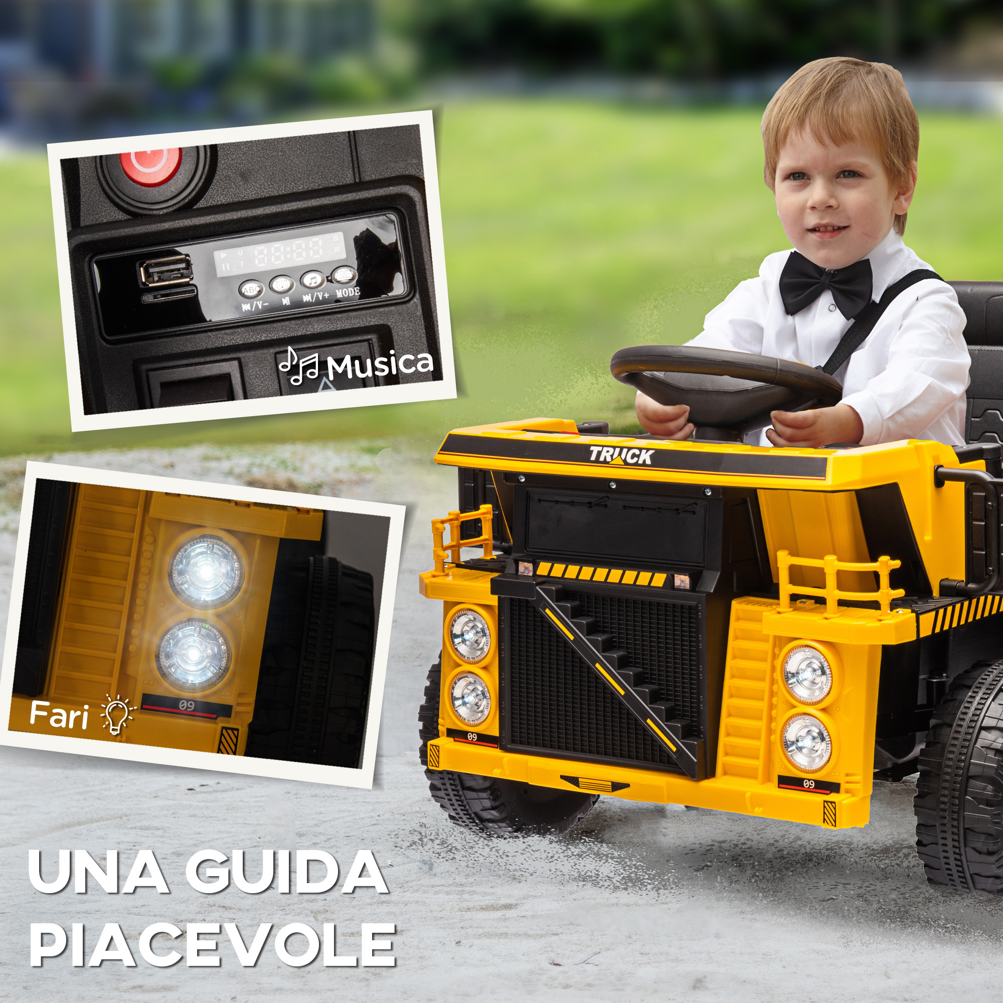Camion per bambini 3-5 anni con motore 12v, macchina elettrica per bambini con musica e fari, giallo - 