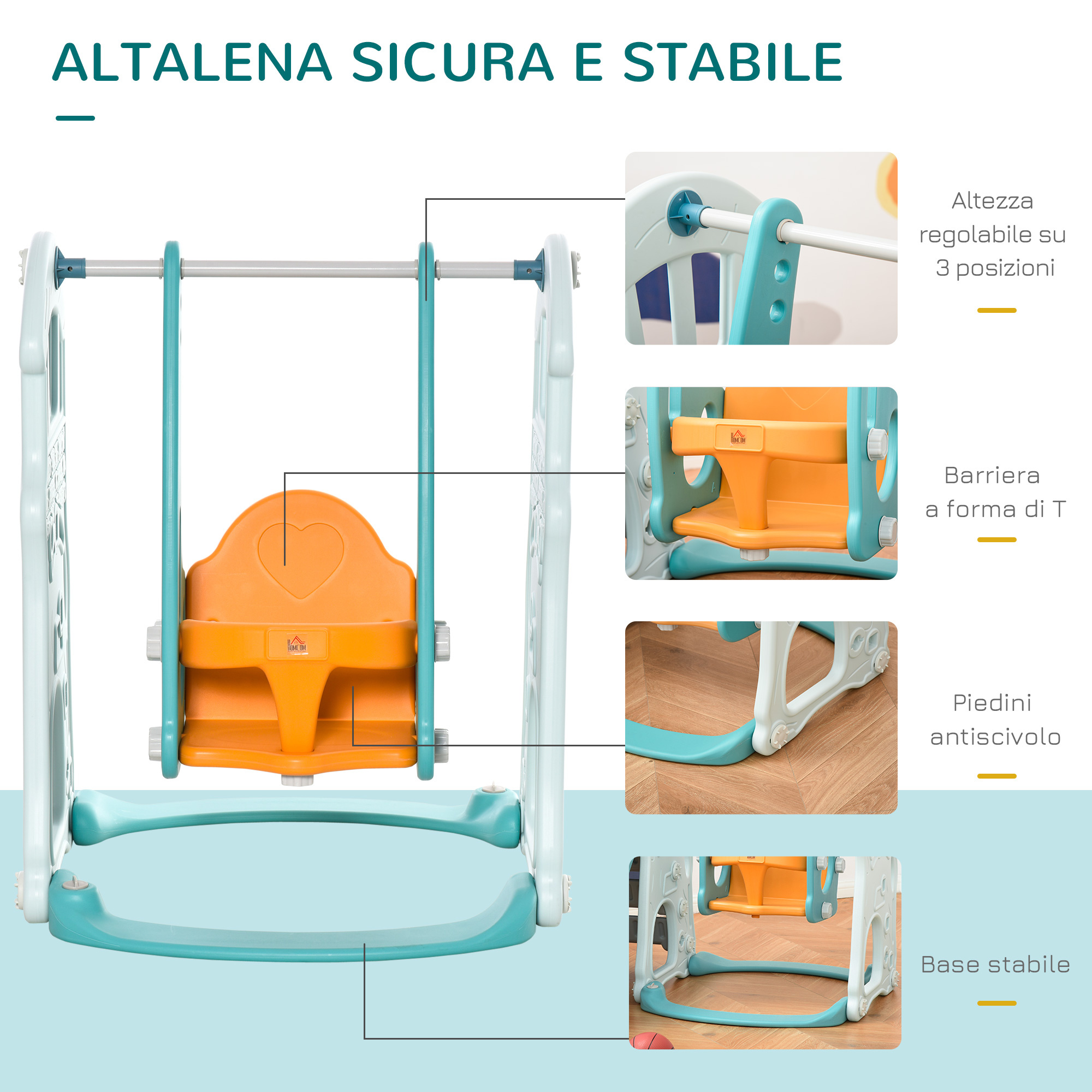 Scivolo 3 in 1 per bambini con altalena regolabile, canestro e palle per cameretta e giardino, 149x186x98cm, blu e arancione - 