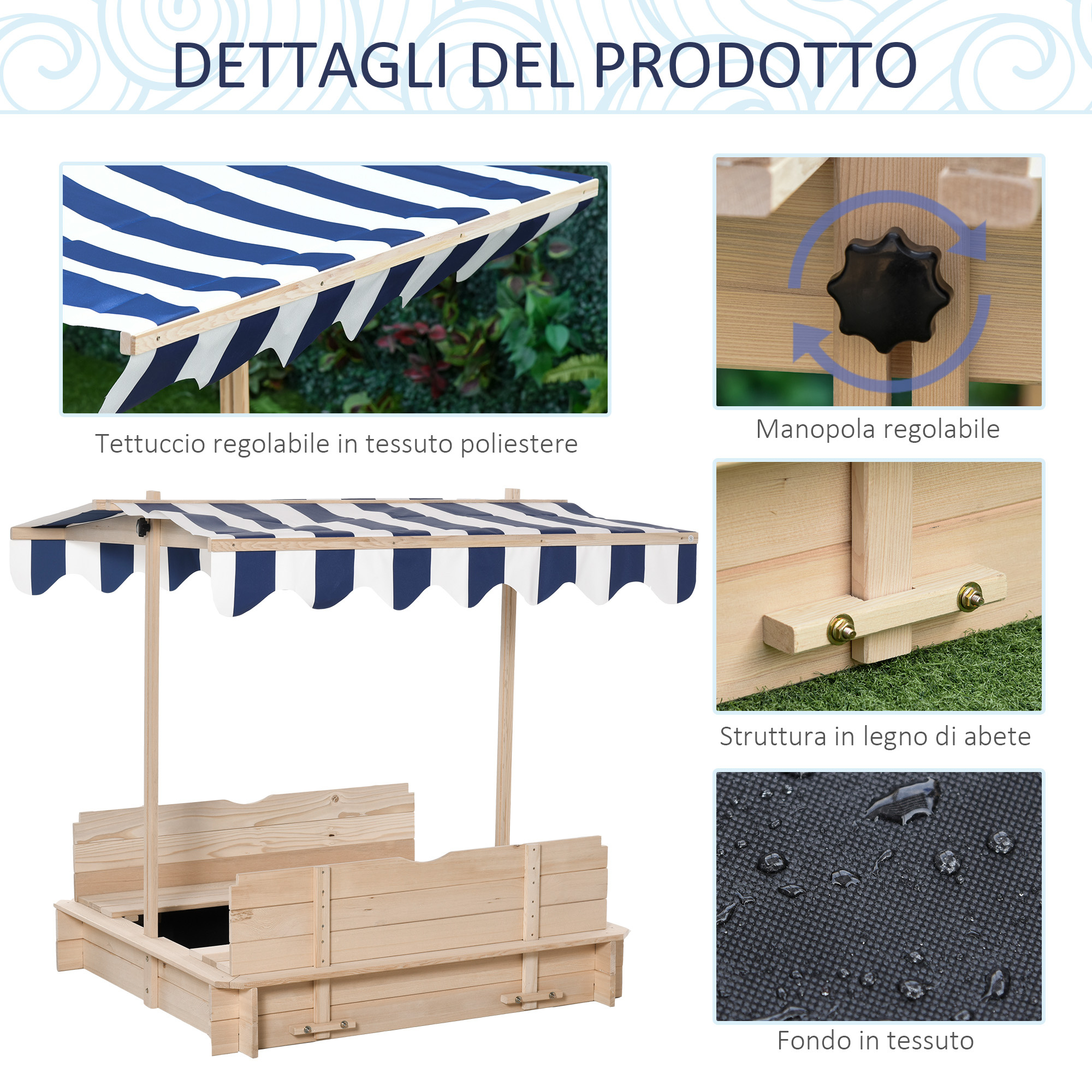 Sabbiera per bambini in legno con tettuccio parasole, panca e coperchio, 106x106x115 cm bianco e blu - 