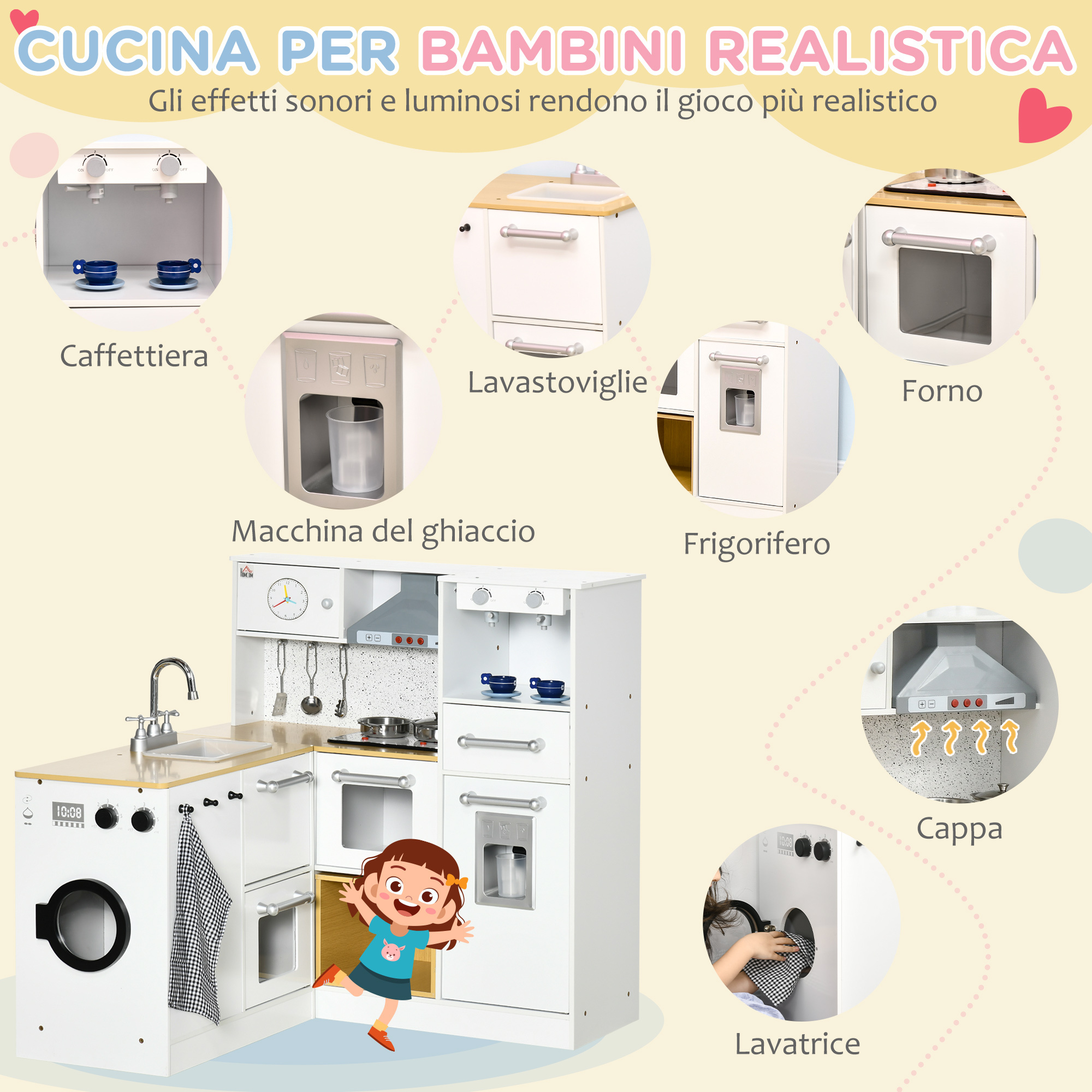 Cucina giocattolo 2 pezzi per bambini 3-6 anni con utensili da cucina, luci ed effetti sonori, in mdf e pp - 