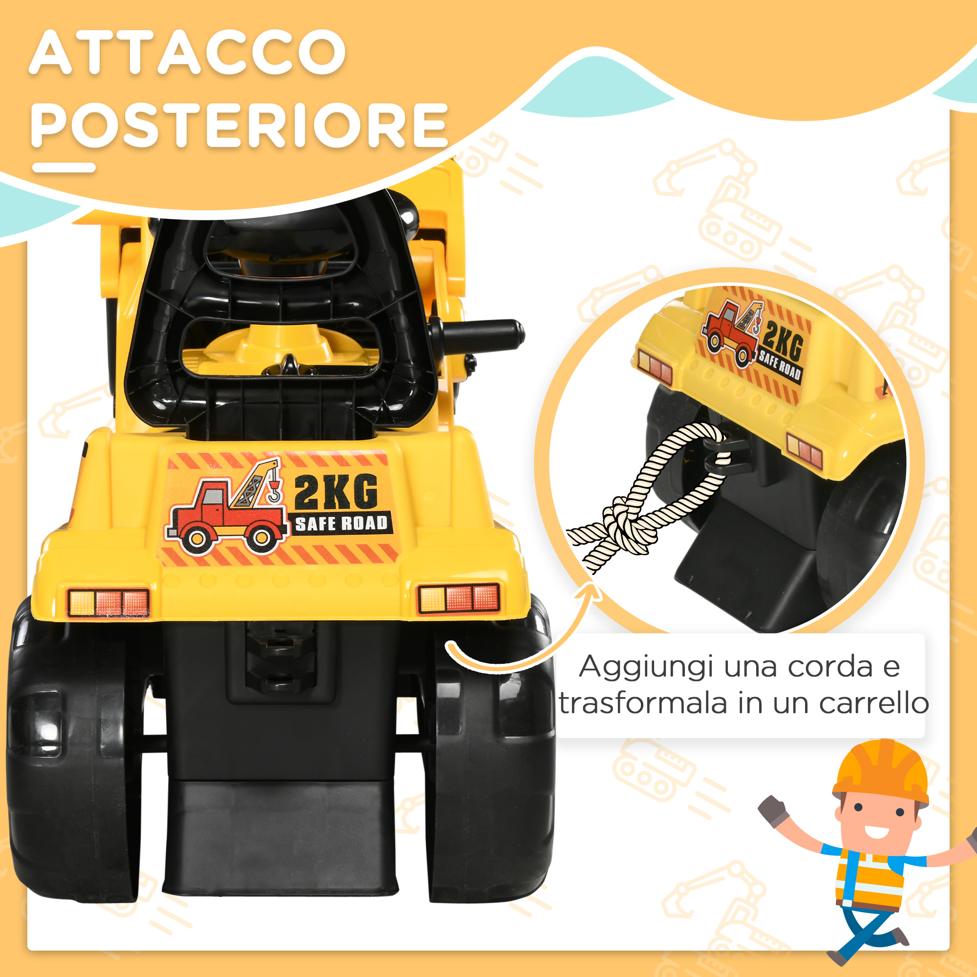 Escavatore per bambini 3-4 anni con pinza, pulsante per suoni e spazio portaoggetti, 83x27x39 cm, giallo e nero - 