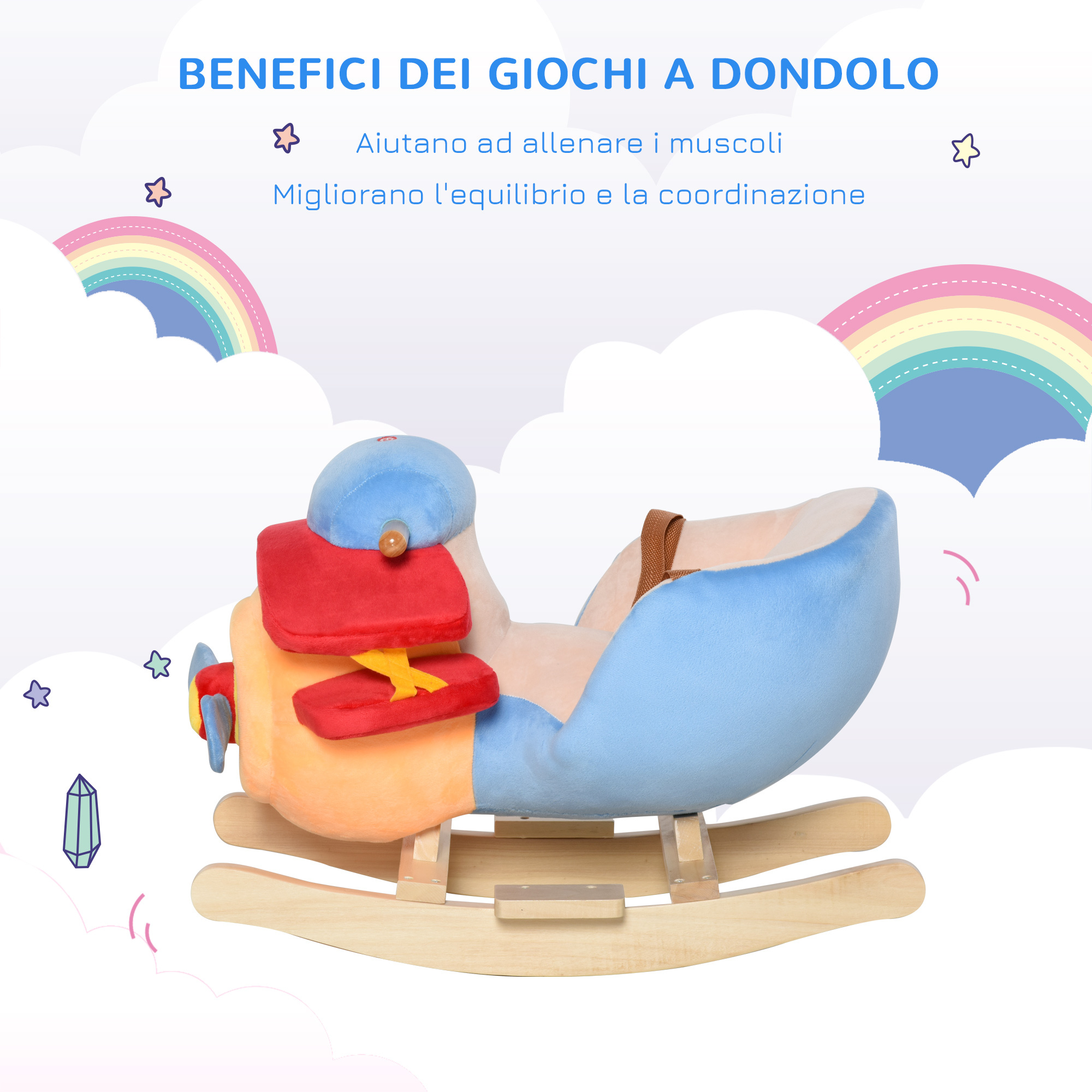 Cavallo a dondolo a forma di aeroplano per bambini di età superiore a 18 mesi, cacalluccio a dondolo con musica incorporata in legno alamo, 60x33x45cm - 