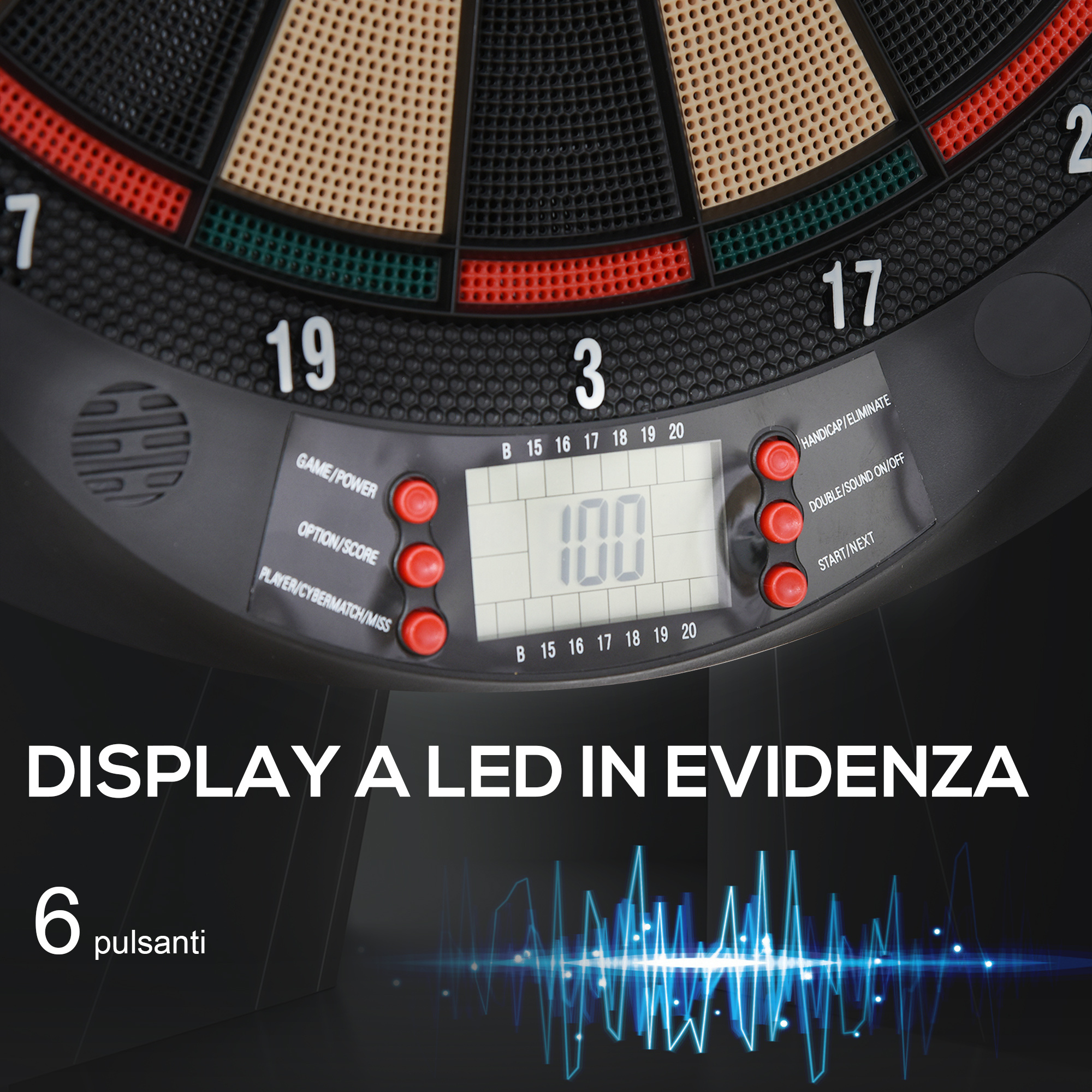 Bersaglio a freccette elettronico in pp con 6 freccette e tabellone segna punti, 44x39.5x 2.2cm, nero - 