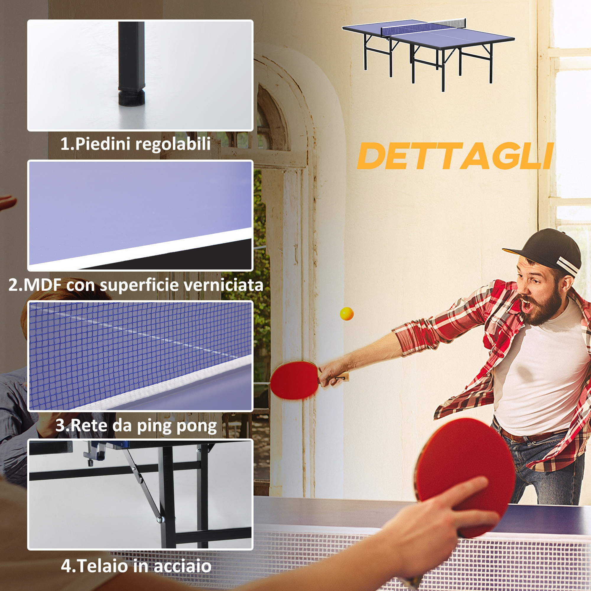 Tavolo da ping pong pieghevole per interni in mdf e acciaio, 152.5 x 274 x 76 cm, blu e viola - 