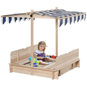 Sabbiera per bambini in legno con tettuccio parasole, panca e coperchio, 106x106x115 cm bianco e blu - 