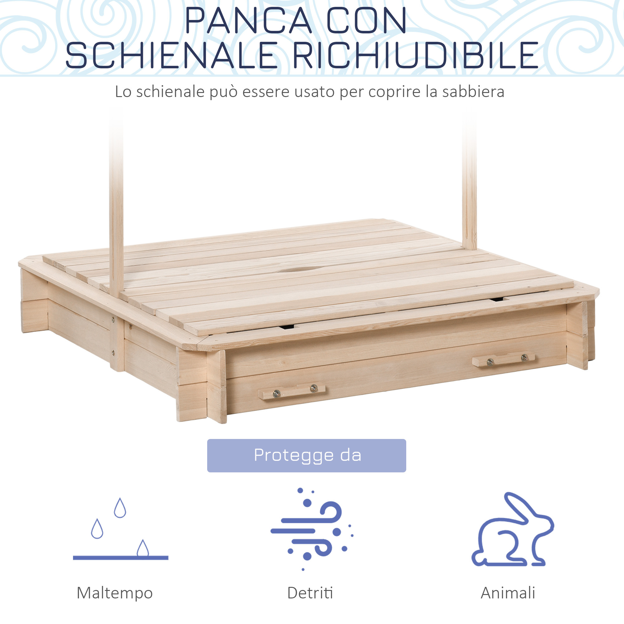 Sabbiera per bambini in legno con tettuccio parasole, panca e coperchio, 106x106x115 cm bianco e blu - 