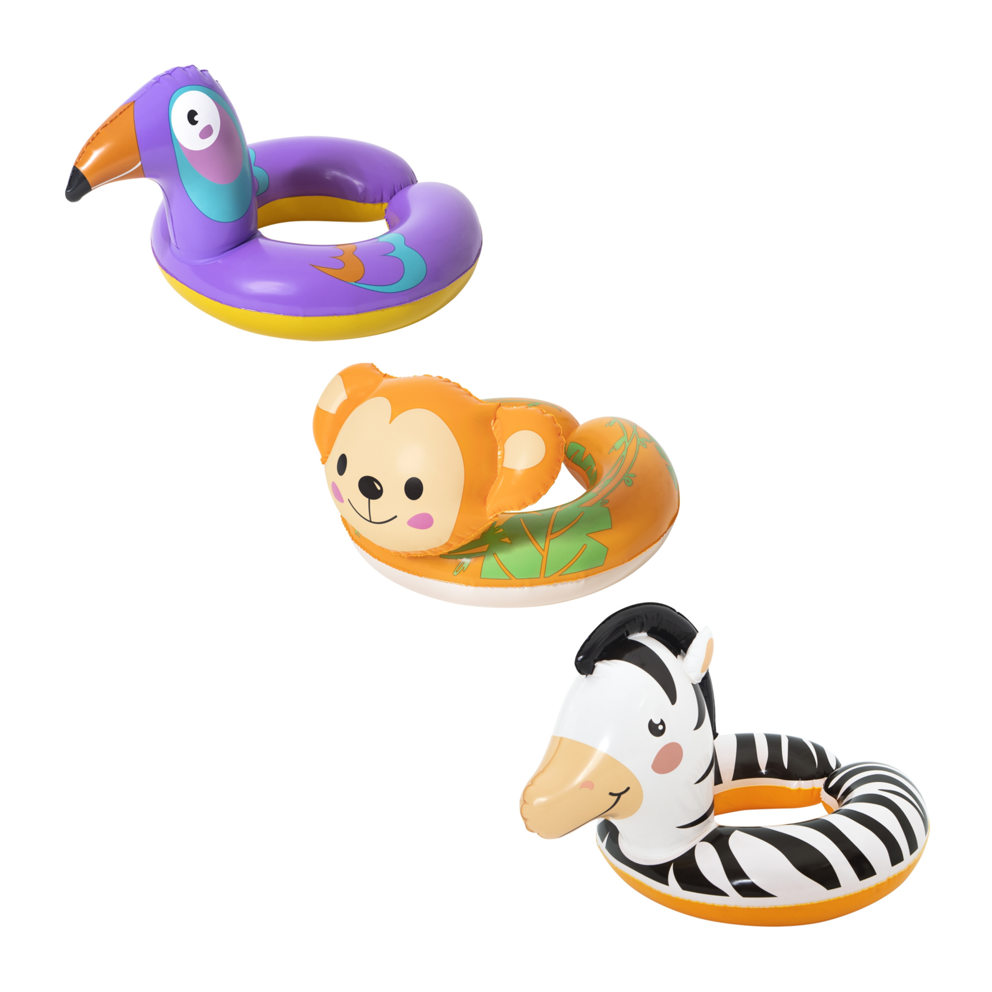 Salvagente con testa animali buffi safari, 3-6 anni, 3 personaggi assortiti: zebra (cm. 57x51), tucano (cm. 57x51), scimmia (cm. 45x51) - Bestway