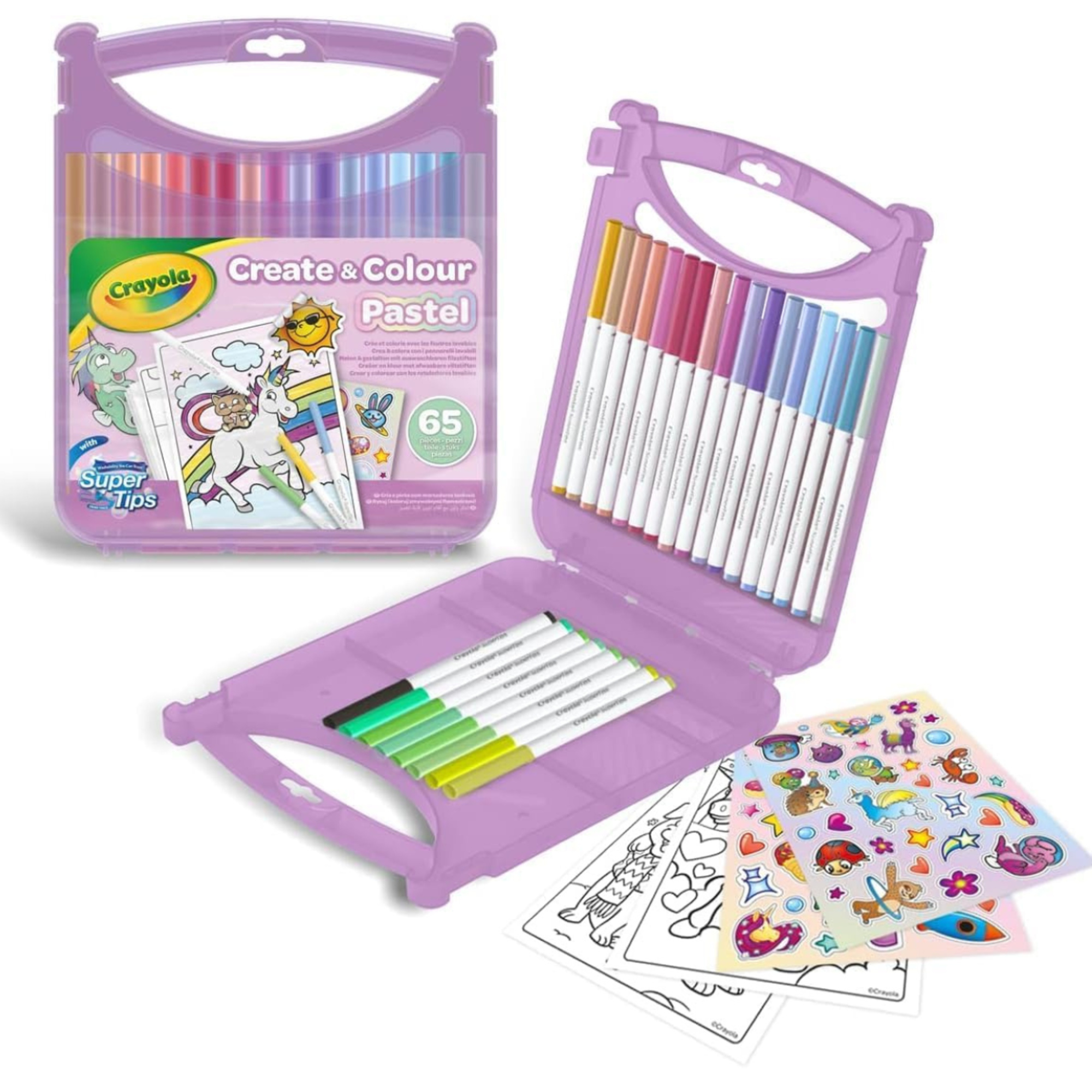 Crayola pastel valigetta rosa – set 65 pezzi con pennarelli lavabili supertips, colori assortiti pastello – attività creativa e regalo bambini 4+ - CRAYOLA
