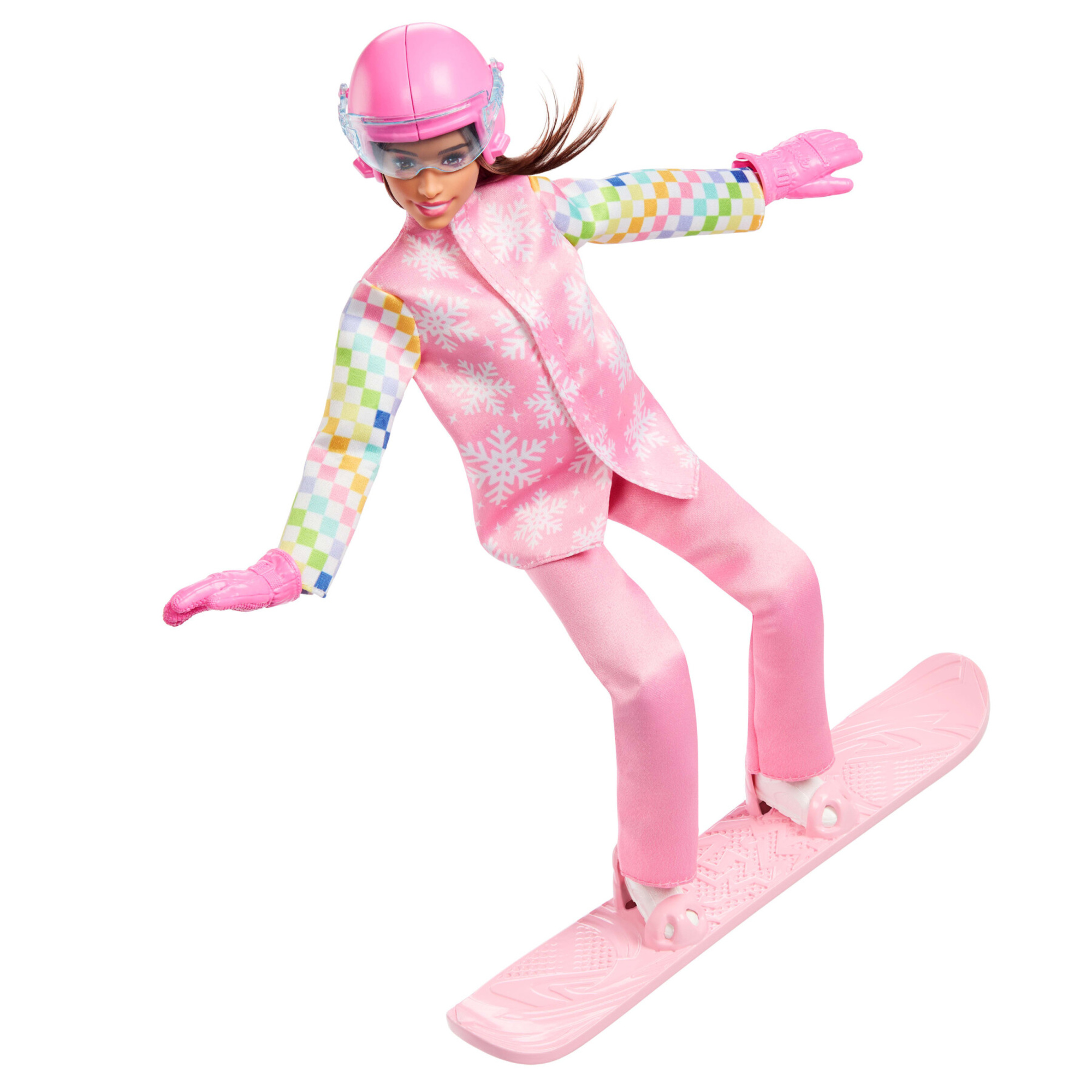 Barbie carriere - snowboarder, bambola castana con giacca da neve, pantaloni e stivali rosa, 10 accessori e snowboard che cambia colore - Barbie