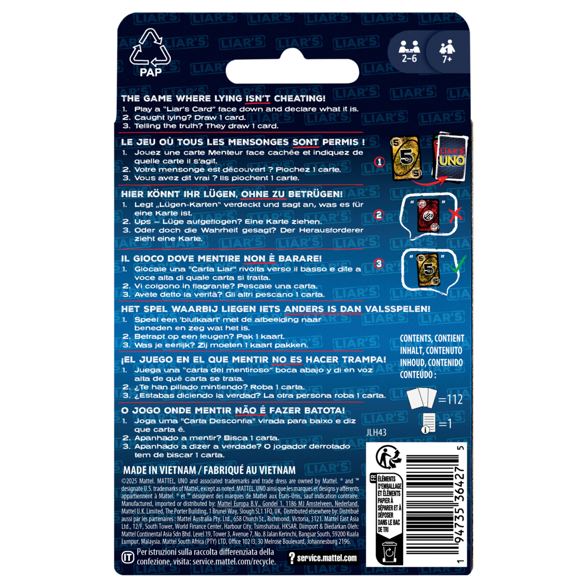 Mattel games – liar’s uno - nuova versione del gioco uno con bluff, trucchi e sfide tra giocatori - UNO