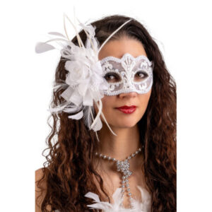 Maschera bianca in pizzo con perle, fiore e piume - CARNIVAL TOYS