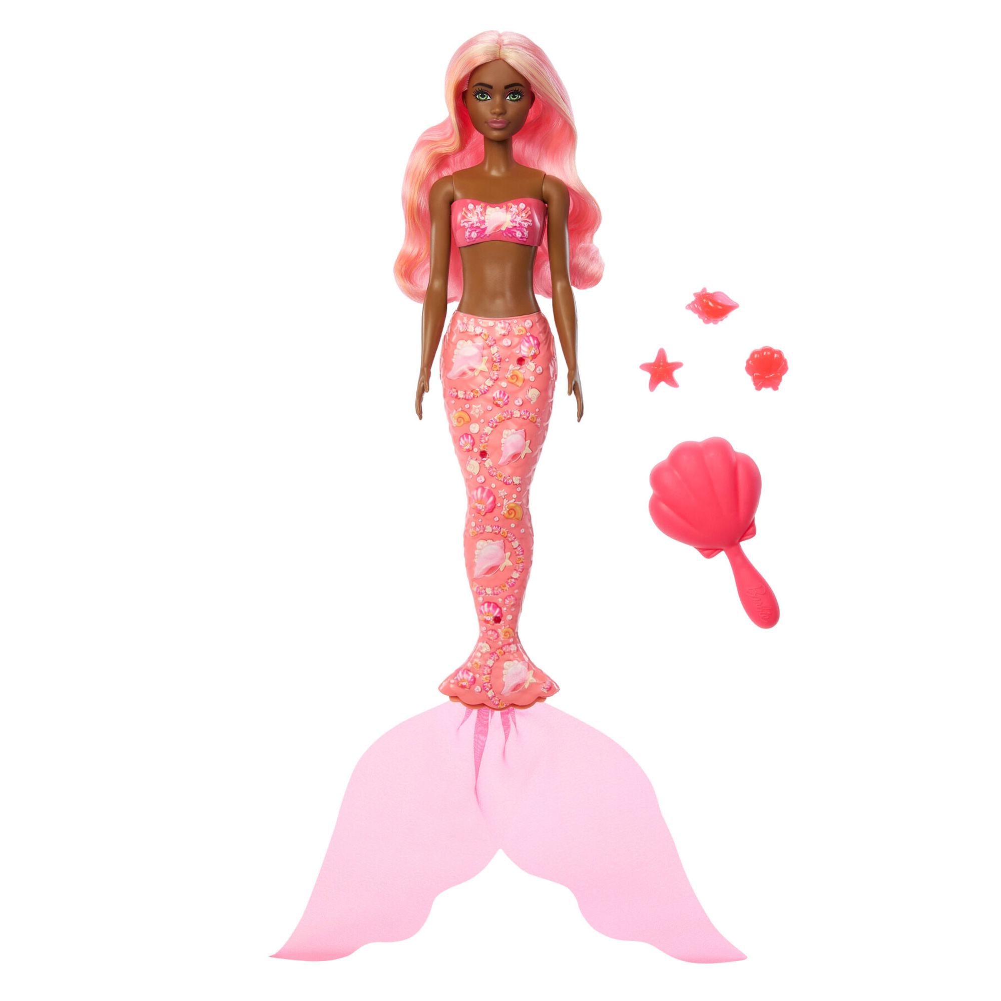 Barbie color reveal - tesori del mare, bambola sirena con effetto cambia colore, 6 accessori a sorpresa inclusi - Barbie