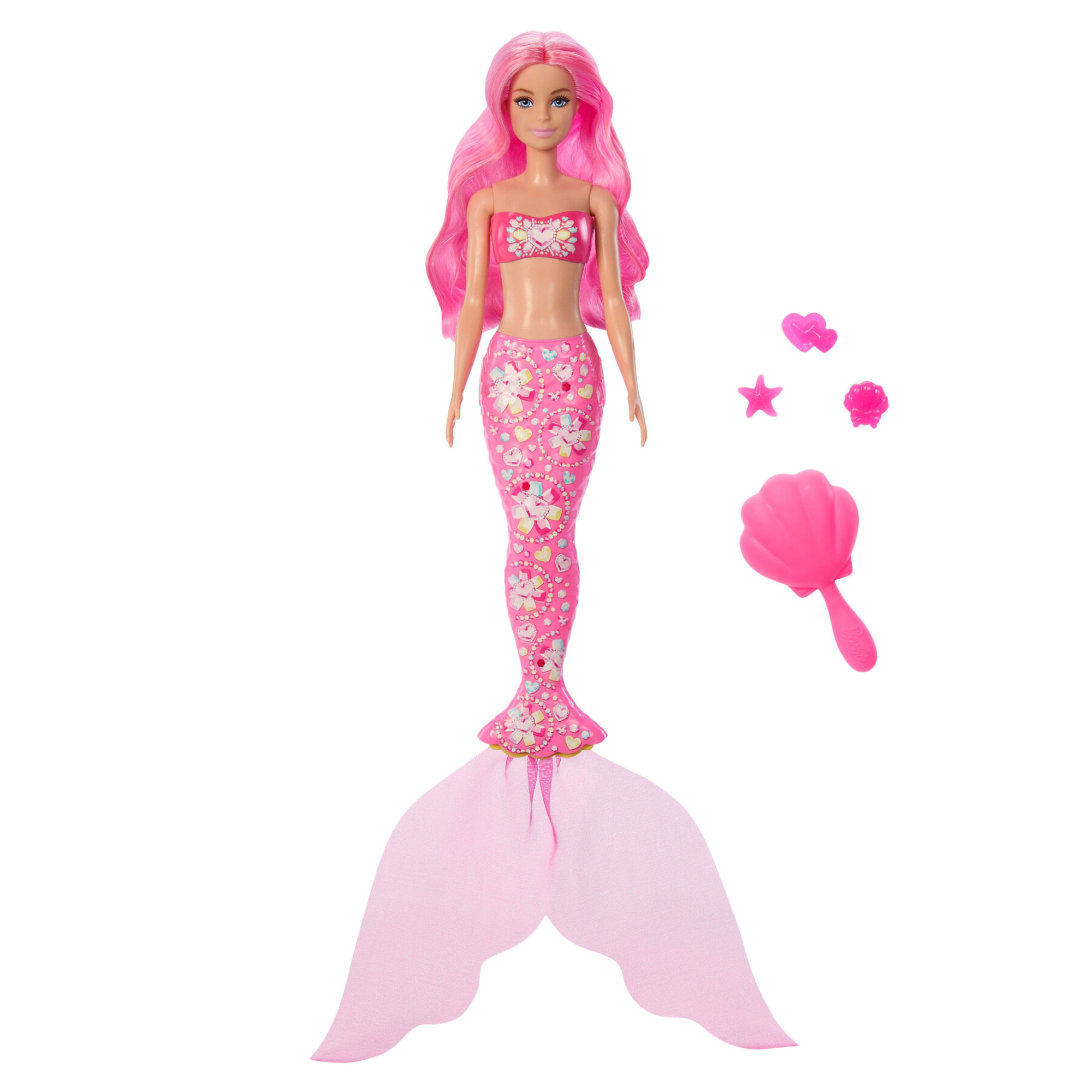 Barbie color reveal - tesori del mare, bambola sirena con effetto cambia colore, 6 accessori a sorpresa inclusi - Barbie