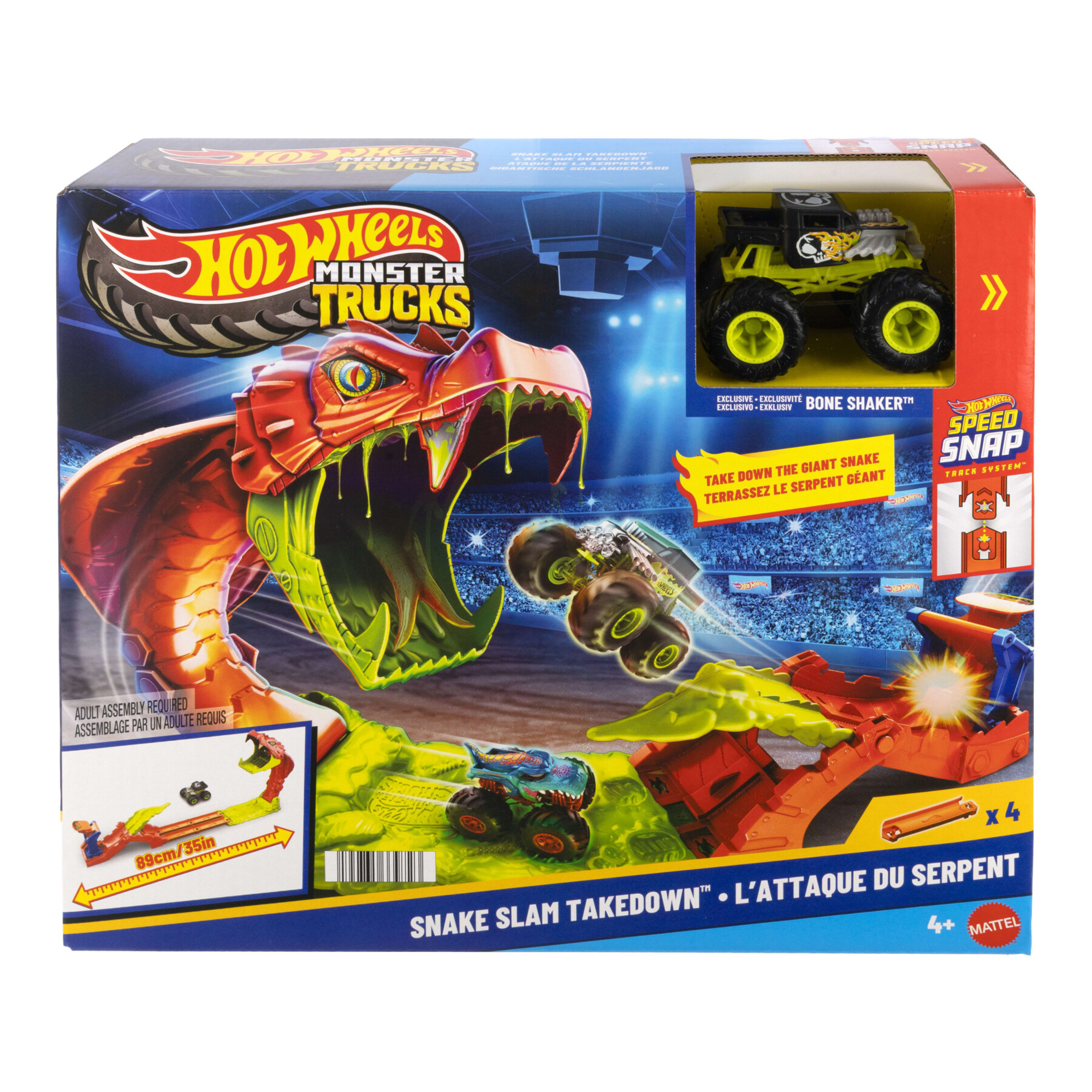 Hot wheels monster trucks – attacco del serpente - set pista con lanciatore e veicolo bone shaker 1:64 incluso - Hot Wheels