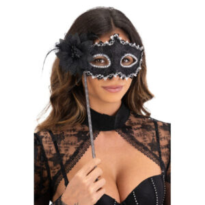 Maschera nera in tessuto con fiore e bastoncino - CARNIVAL TOYS