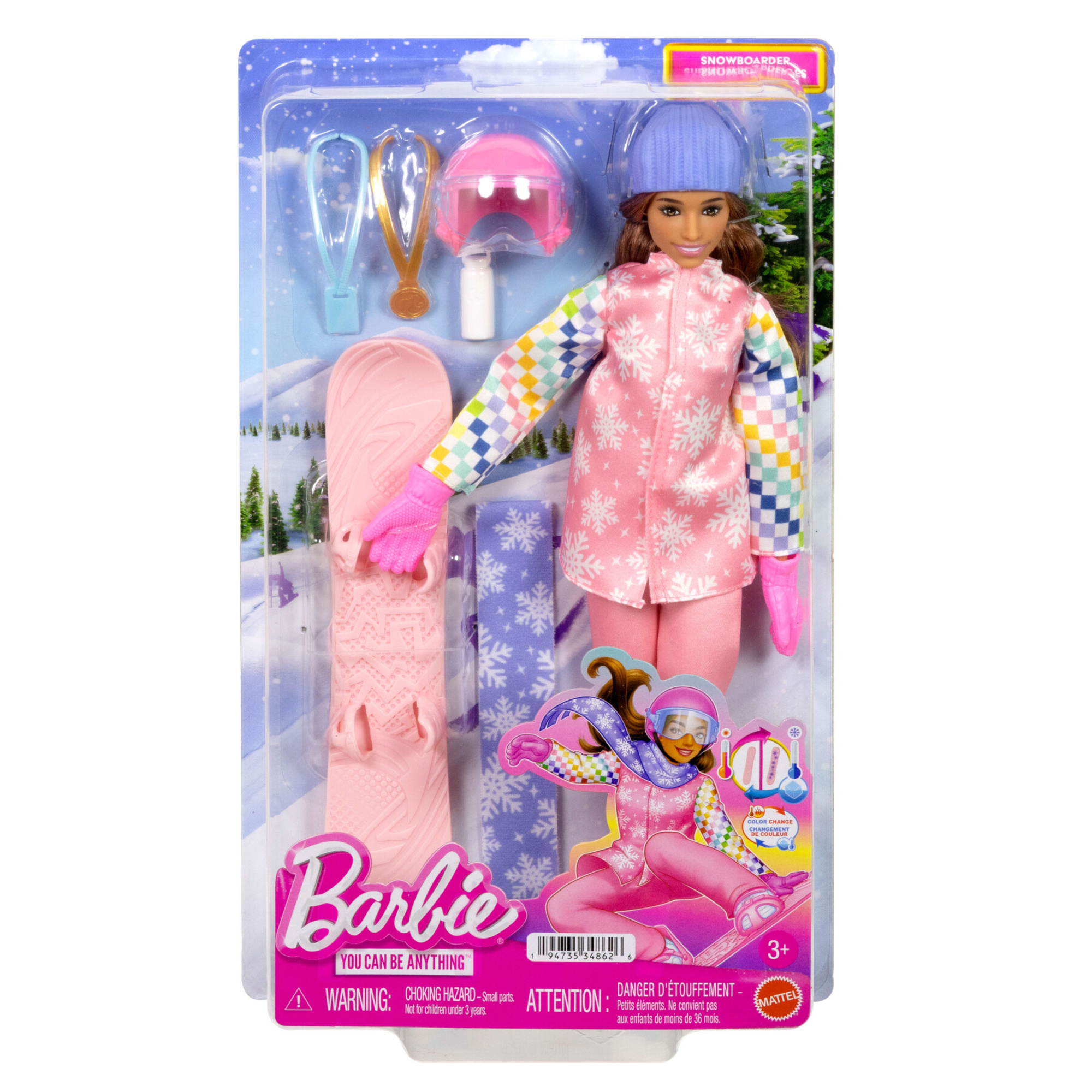 Barbie carriere - snowboarder, bambola castana con giacca da neve, pantaloni e stivali rosa, 10 accessori e snowboard che cambia colore - Barbie