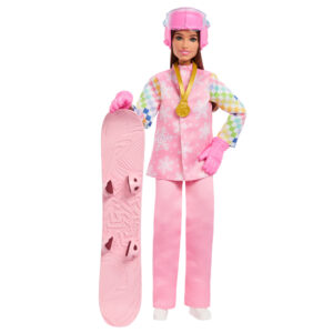 Barbie carriere - snowboarder, bambola castana con giacca da neve, pantaloni e stivali rosa, 10 accessori e snowboard che cambia colore - Barbie