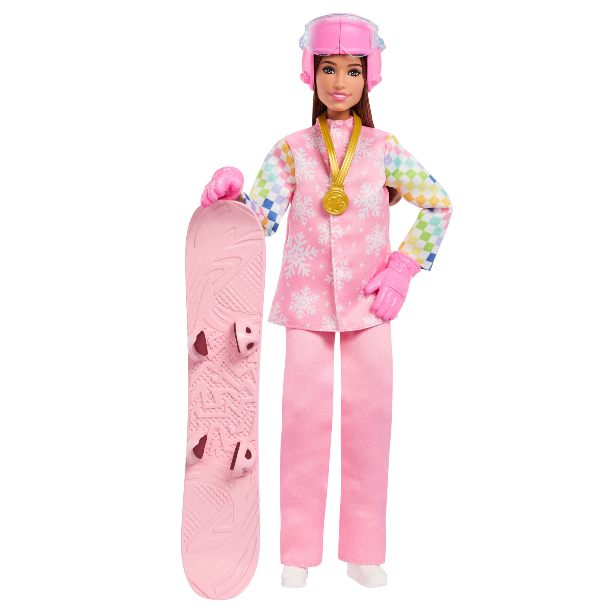 Barbie carriere - snowboarder, bambola castana con giacca da neve, pantaloni e stivali rosa, 10 accessori e snowboard che cambia colore - Barbie