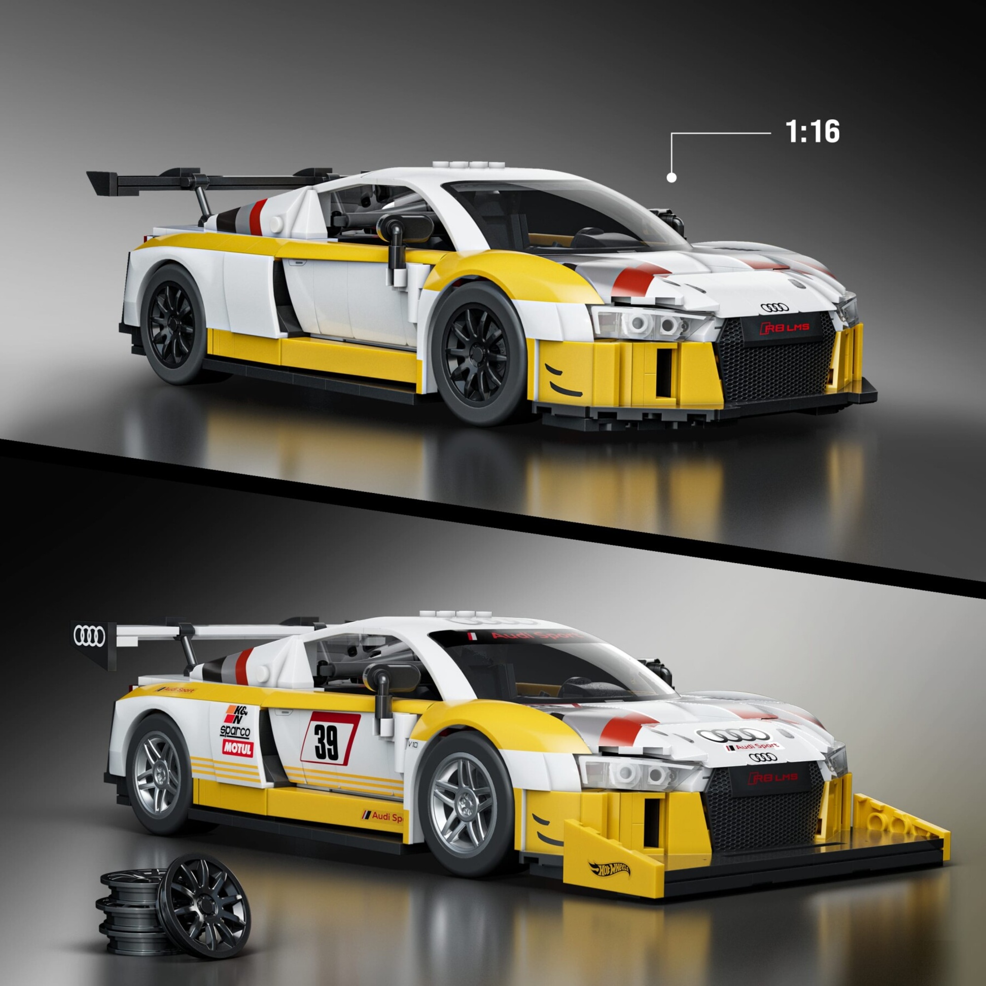 ​​mattel brick shop hot wheels - '15 audi r8 lms serie elite, set da costruire con 820 pezzi, dettagli realistici e adesivi per personalizzare l'auto - BRICK SHOP