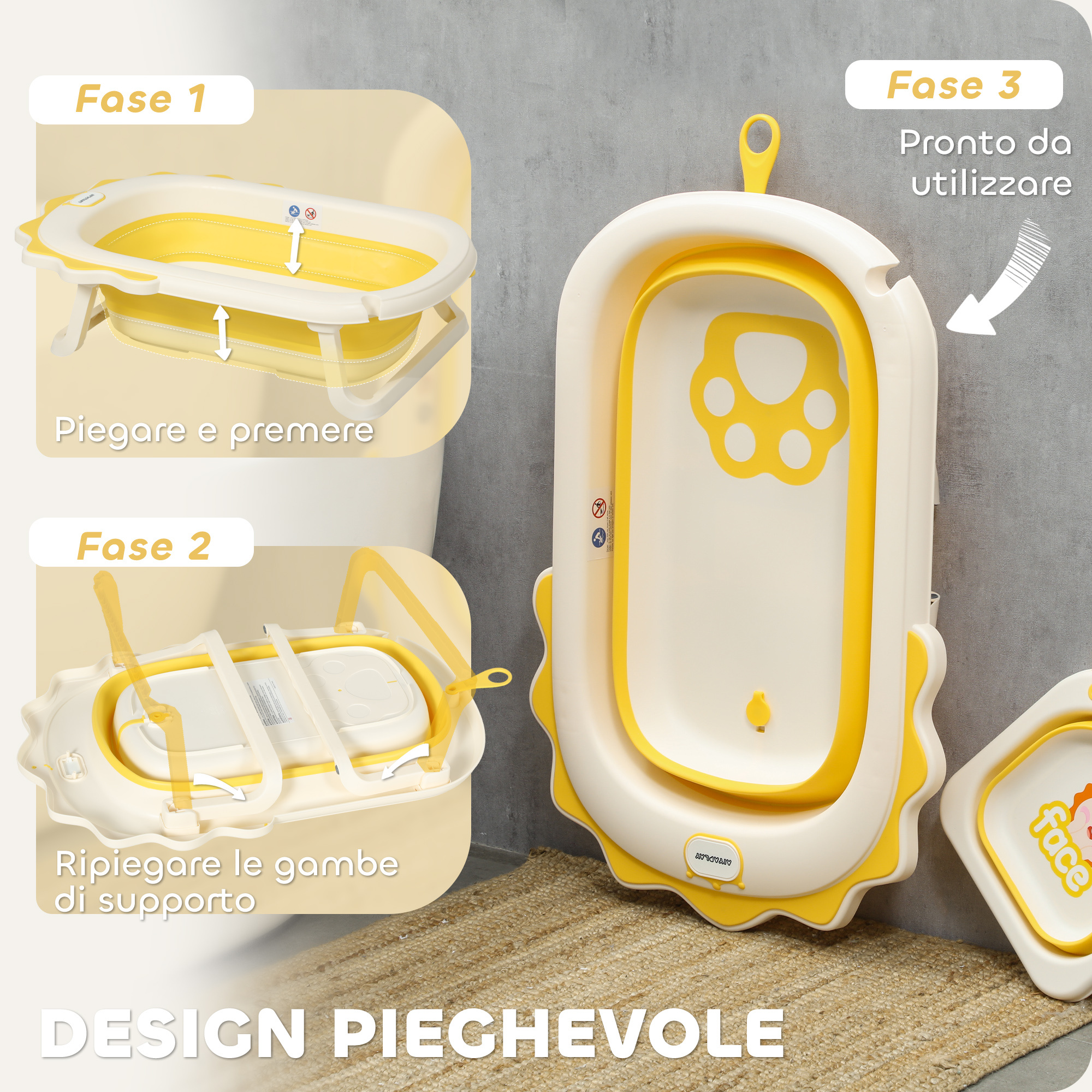 Vaschetta bagnetto pieghevole per neonati con cuscinetto e lavabo, in plastica antiscivolo, 80.5x55x20 cm, giallo - 
