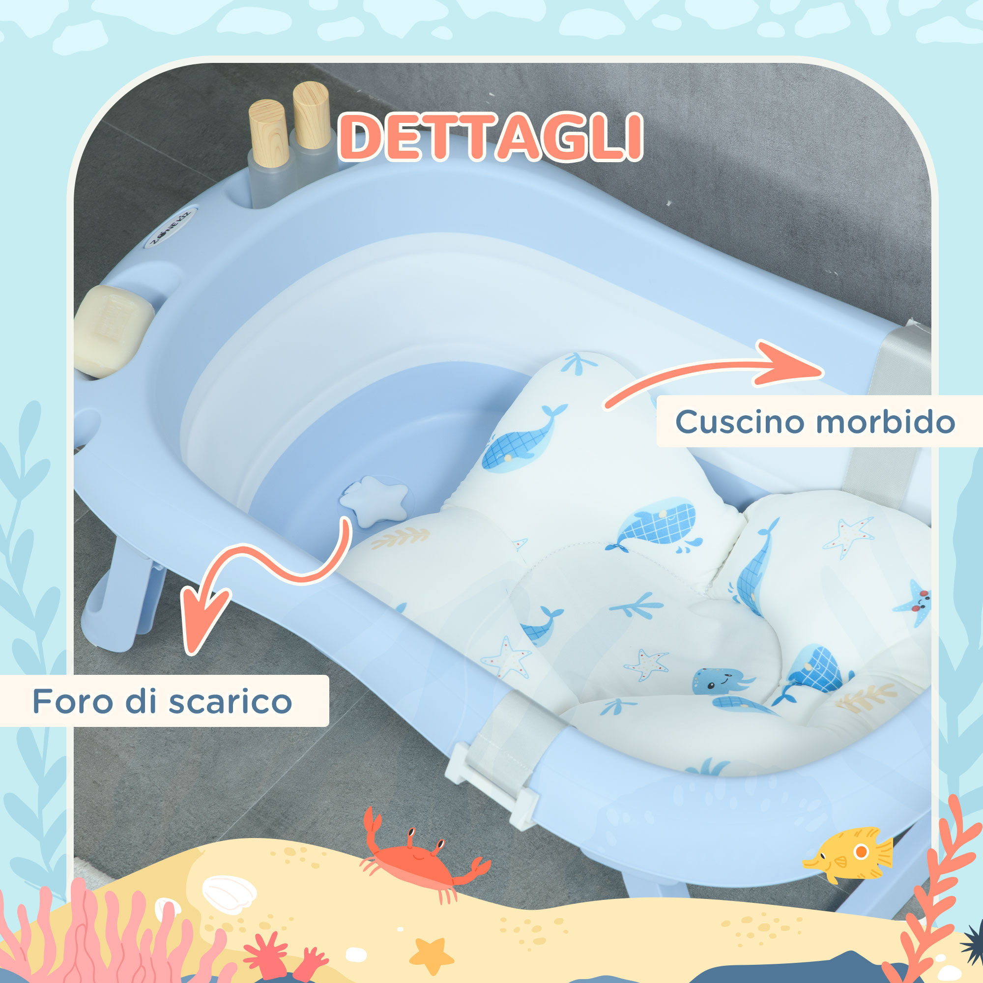 Vaschetta bagnetto pieghevole bambini 0-6 anni con cuscino e 2 ripiani, 83x48x23.5 cm, blu e bianco - 