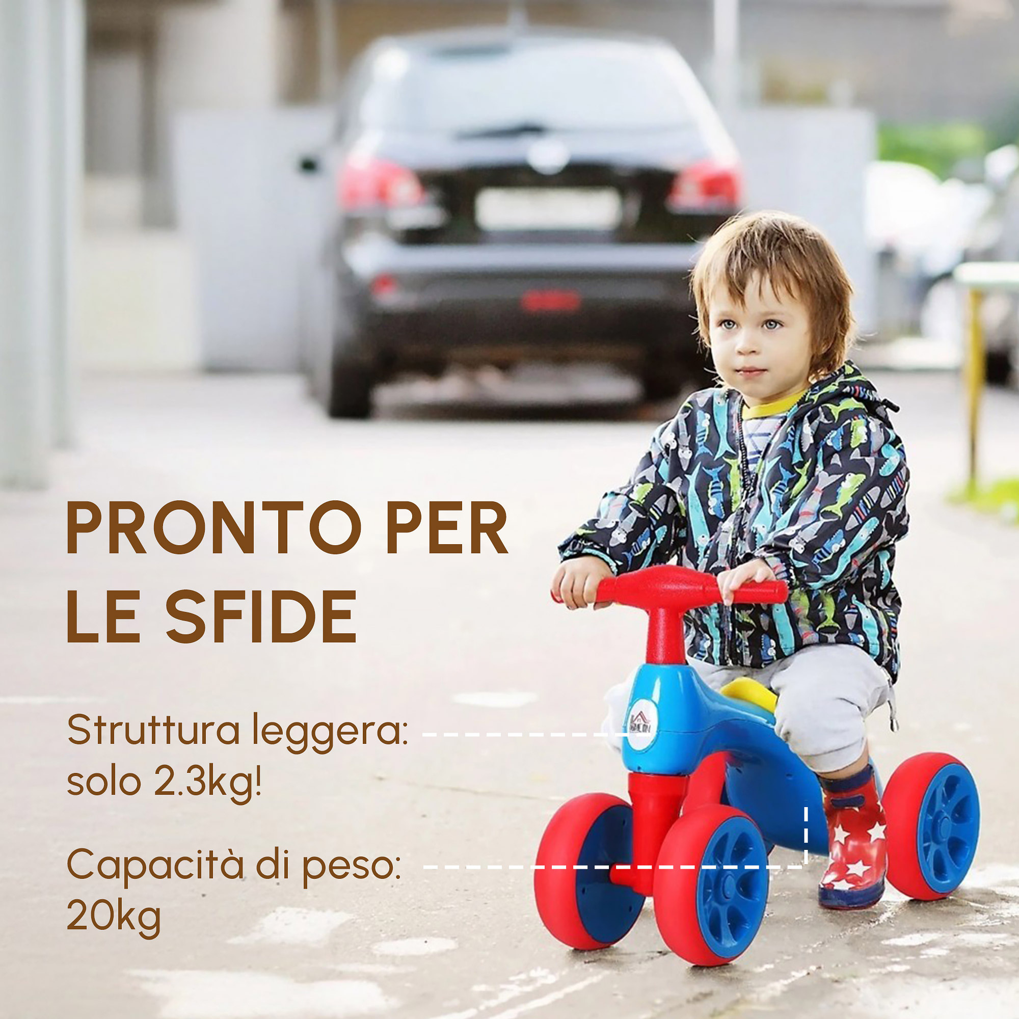 Bicicletta equilibrio senza pedali giochi con 4 ruote per bambini da 18-36 mesi blu e rosso 57cm x 33.5cm x 42.5cm - 