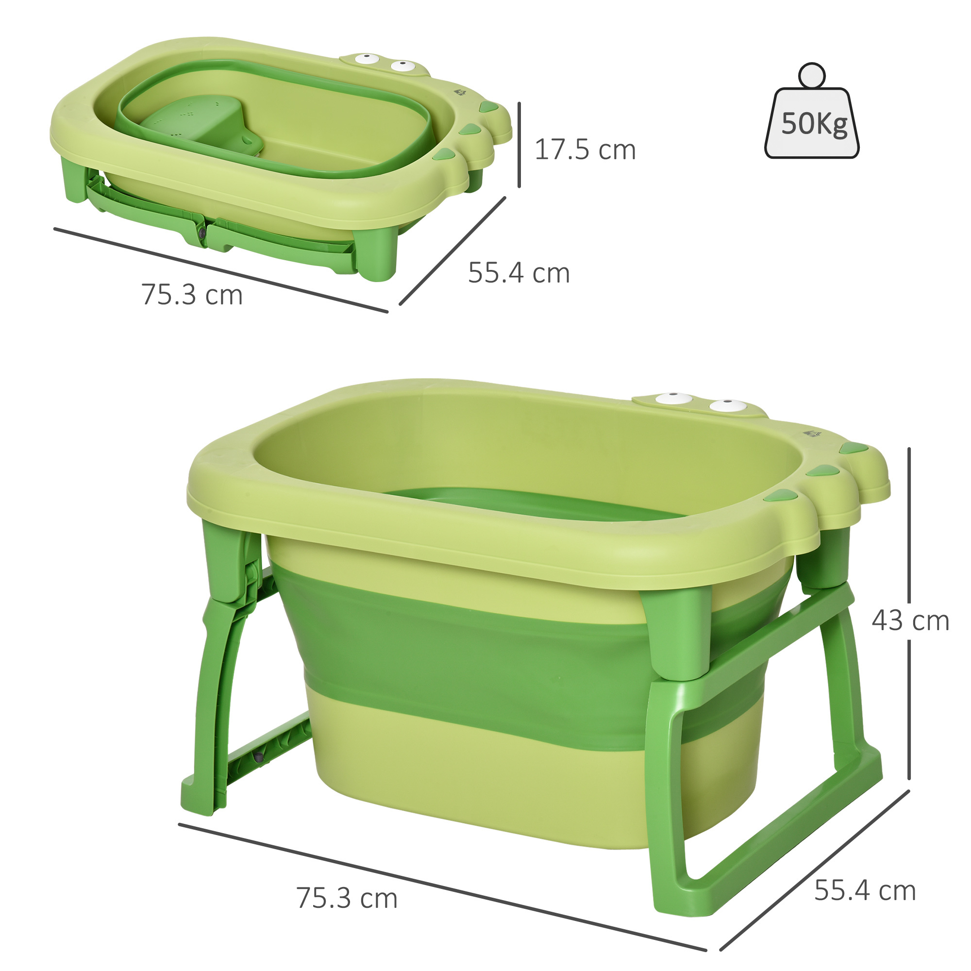 Vaschetta bagnetto pieghevole per bimbi 0-6 anni in plastica antiscivolo verde, 75.3x55.4x43cm - 