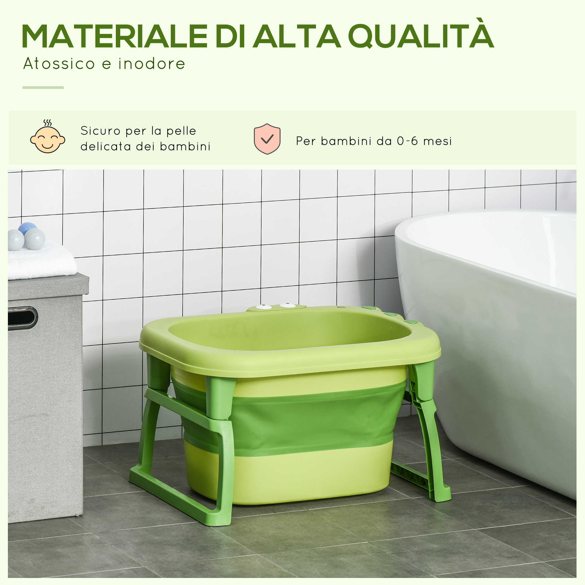 Vaschetta bagnetto pieghevole per bimbi 0-6 anni in plastica antiscivolo verde, 75.3x55.4x43cm - 