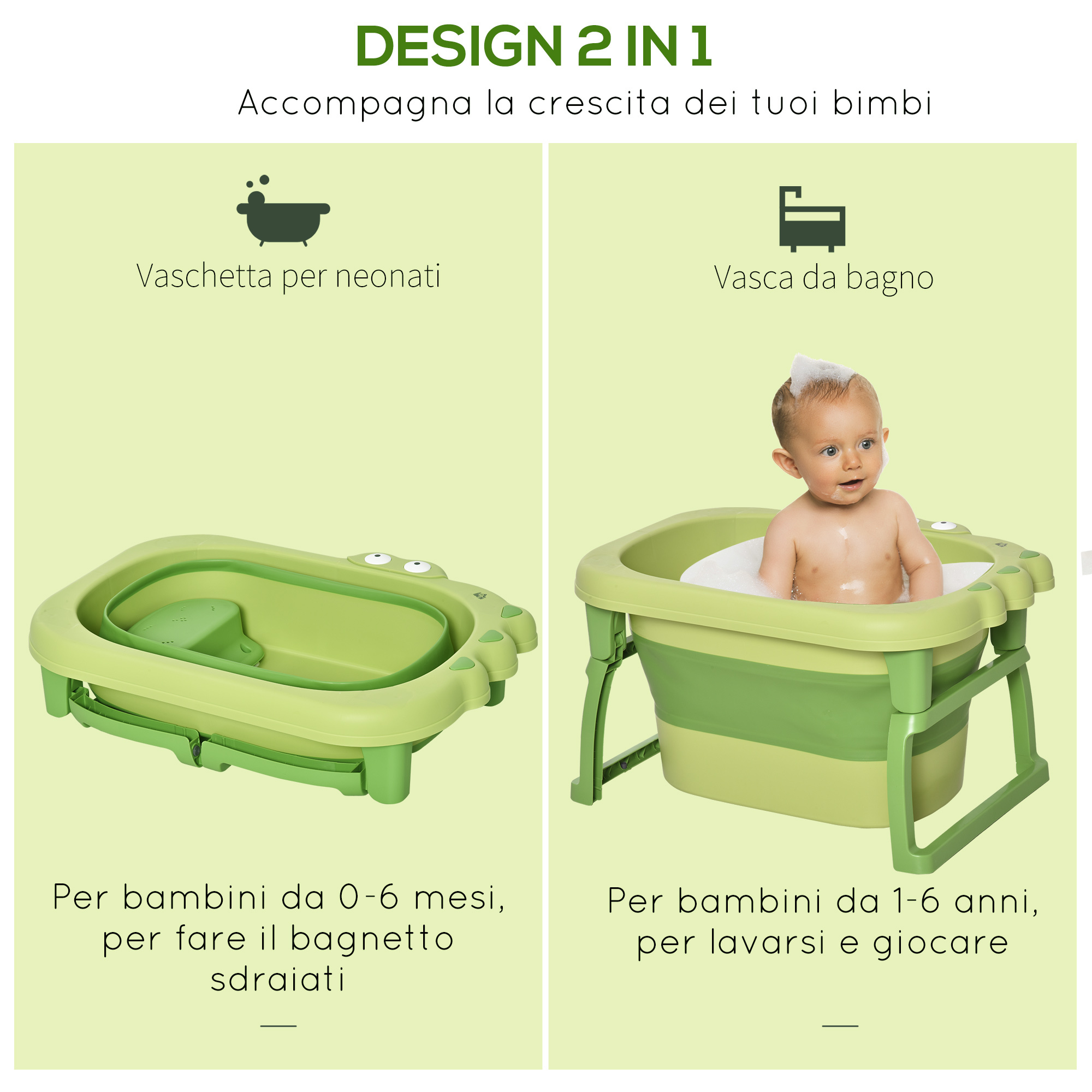 Vaschetta bagnetto pieghevole per bimbi 0-6 anni in plastica antiscivolo verde, 75.3x55.4x43cm - 