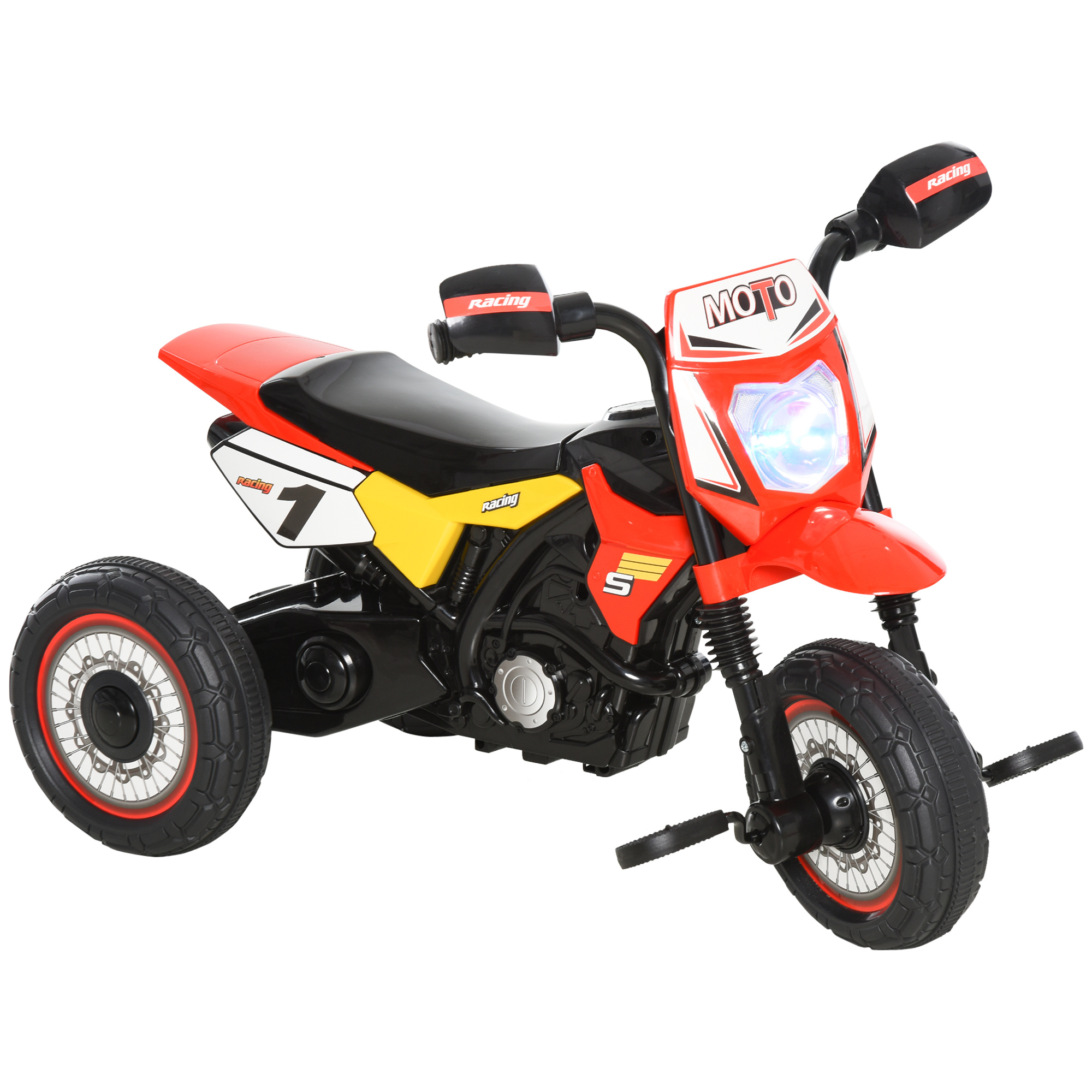 Triciclo per bambini stile moto a pedali con luci e suoni, 3 ruote larghe, età 18-36 mesi, 71x40x51cm, rosso - 