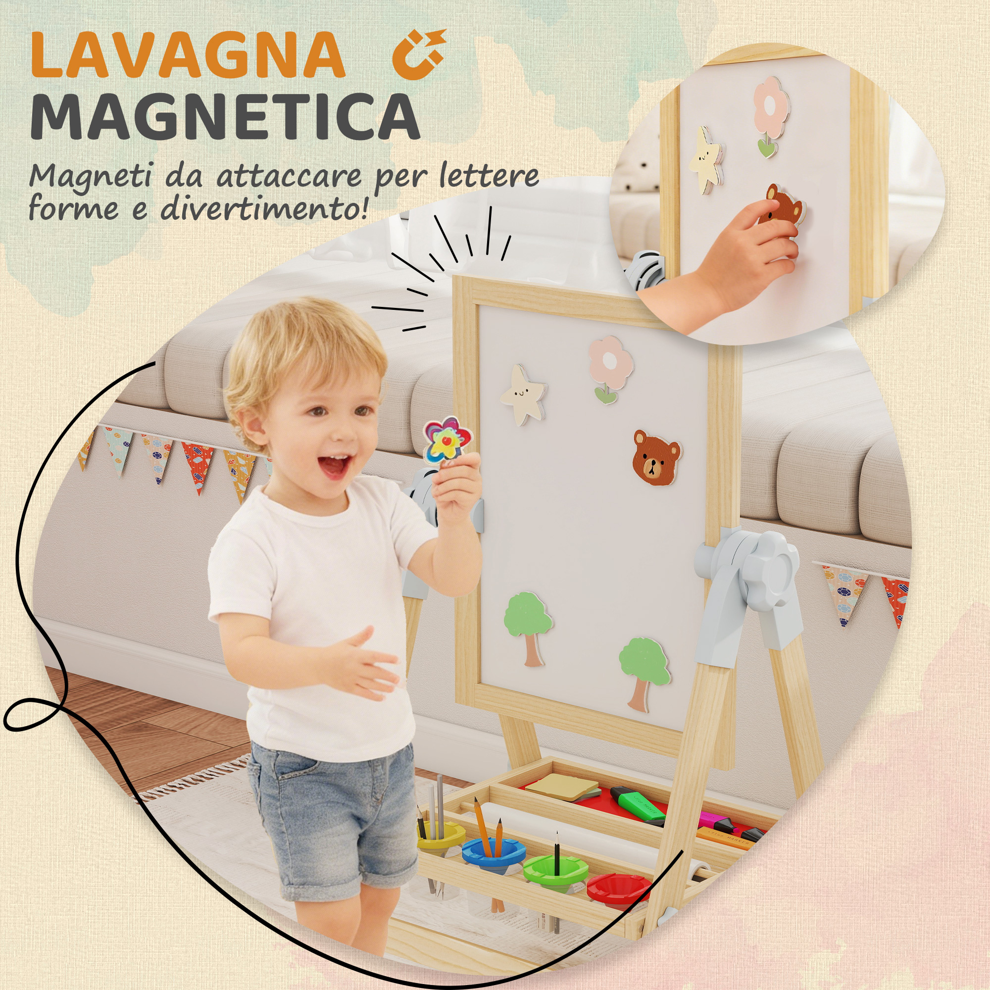Cavalletto per bambini doppia lavagna per gesso e pennarelli, lavagnetta magnetica e rotolo di carta, legno - 