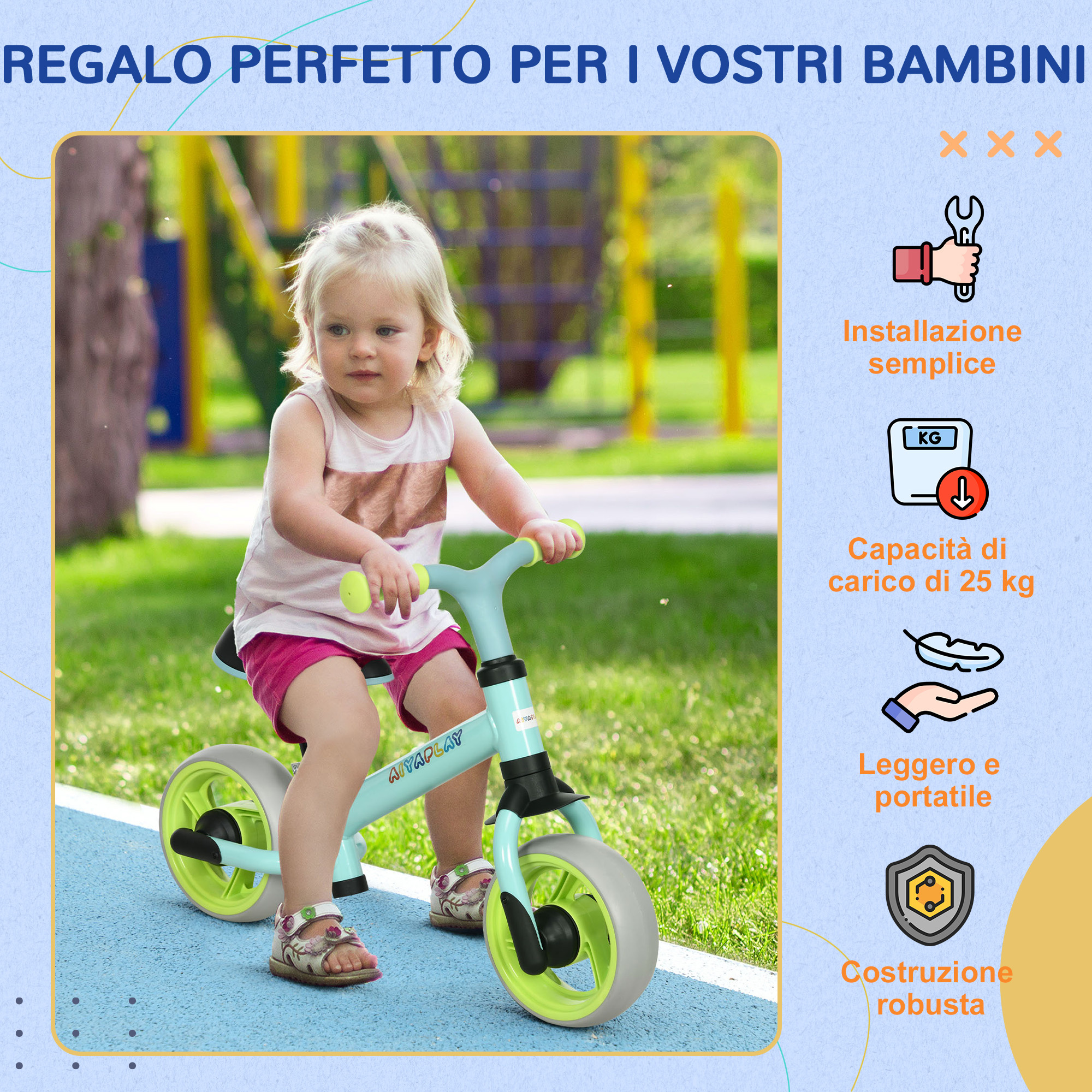 Bici senza pedali per bambini max 4 anni con sella regolabile, in acciaio, pp, pu e tpr, 66.5x34x47 cm - 