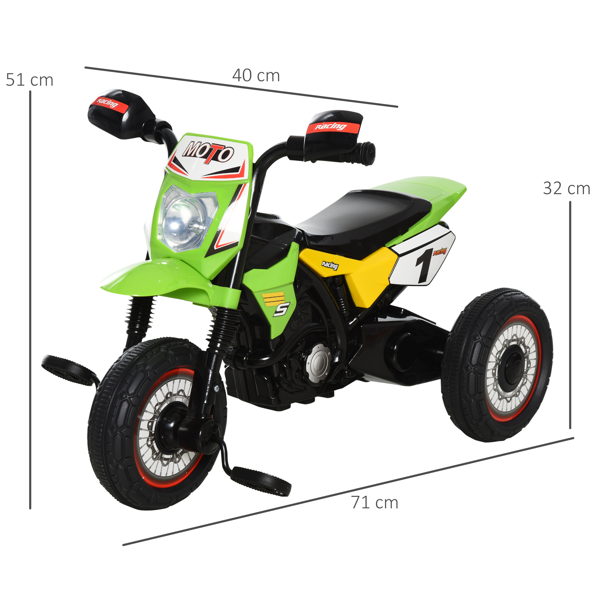 Triciclo per bambini stile moto a pedali con luci e suoni, 3 ruote larghe, età 18-36 mesi, 71x40x51cm, verde - 