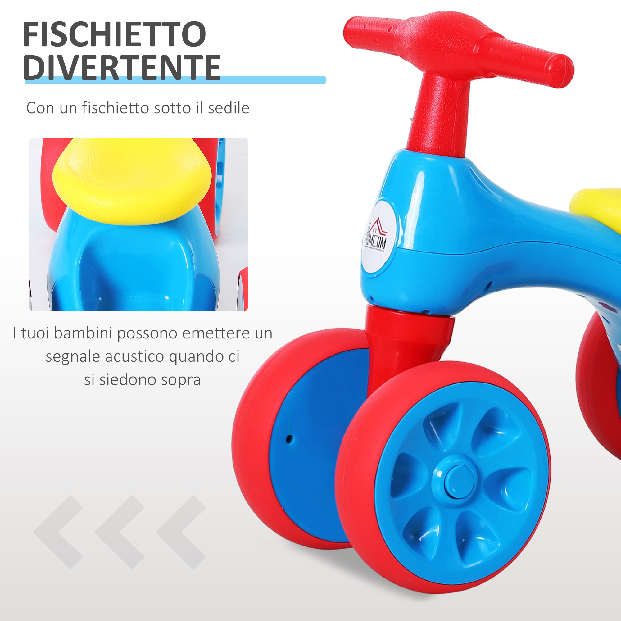 Bicicletta equilibrio senza pedali giochi con 4 ruote per bambini da 18-36 mesi blu e rosso 57cm x 33.5cm x 42.5cm - 