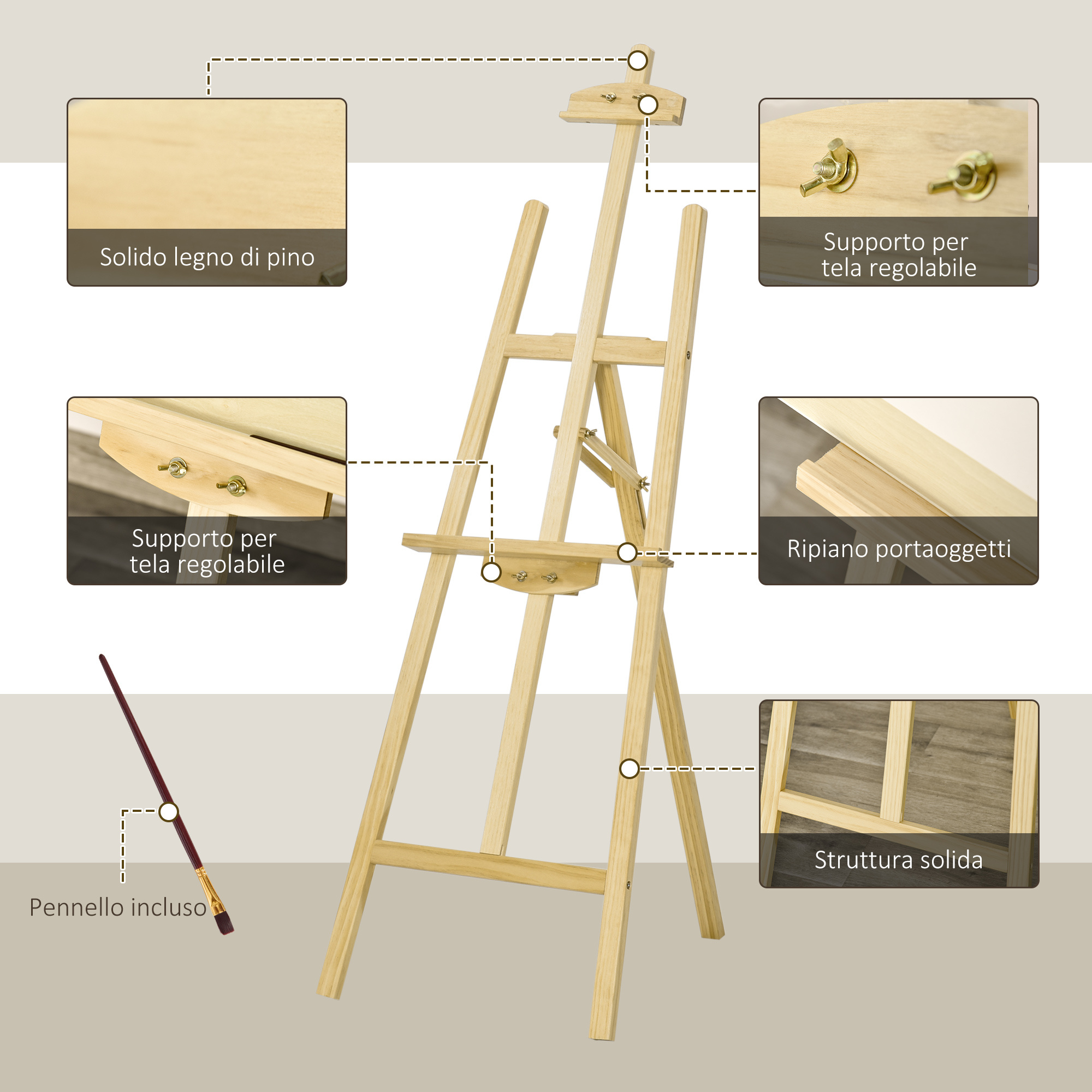 Cavalletto per pittura portatile e pieghevole, altezza e inclinazione regolabili, colore legno - 