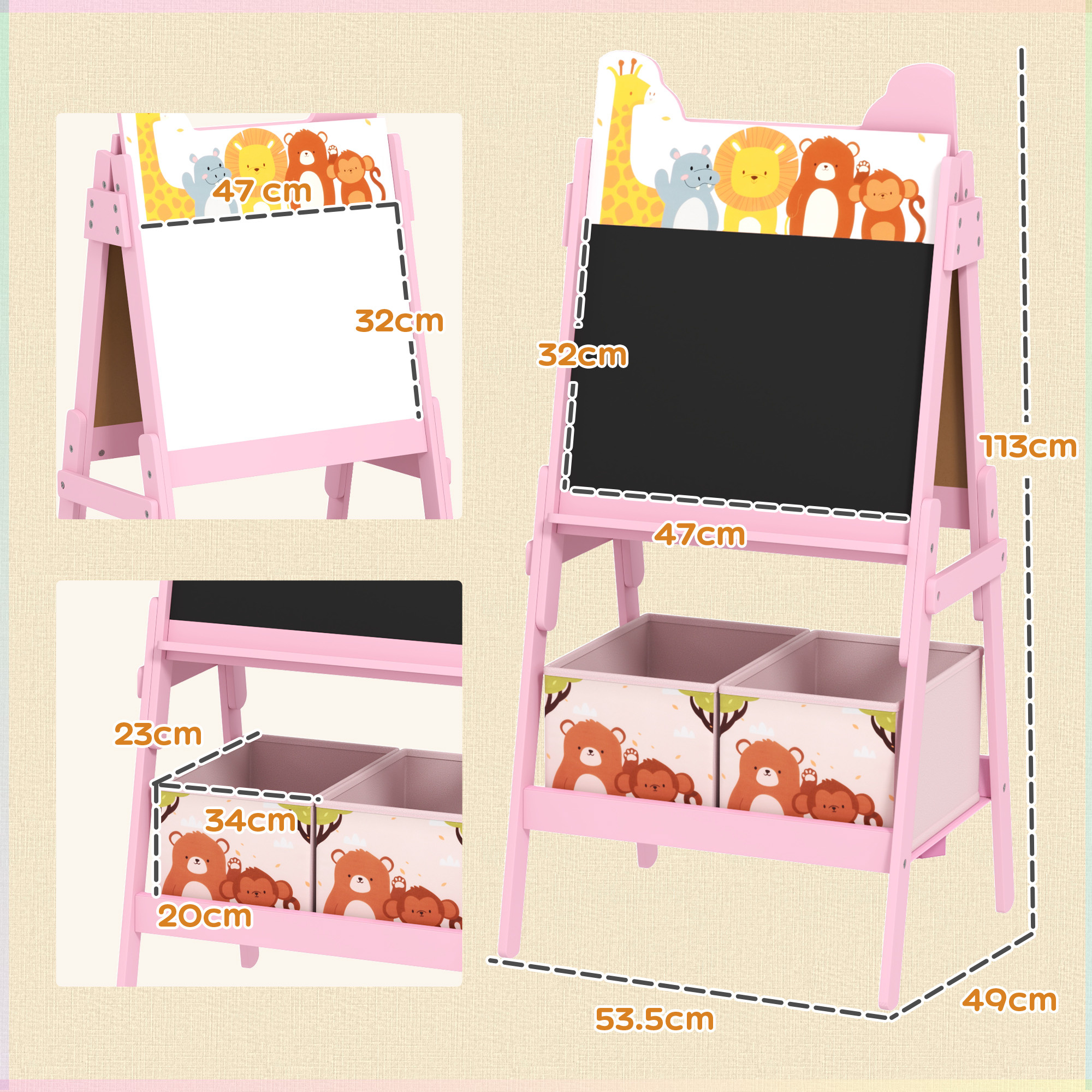 Cavalletto artistico per bambini 3-8 anni con lavagna a 2 lati e 2 cestini contenitori, in legno, 53.5x49x113 cm, rosa - 