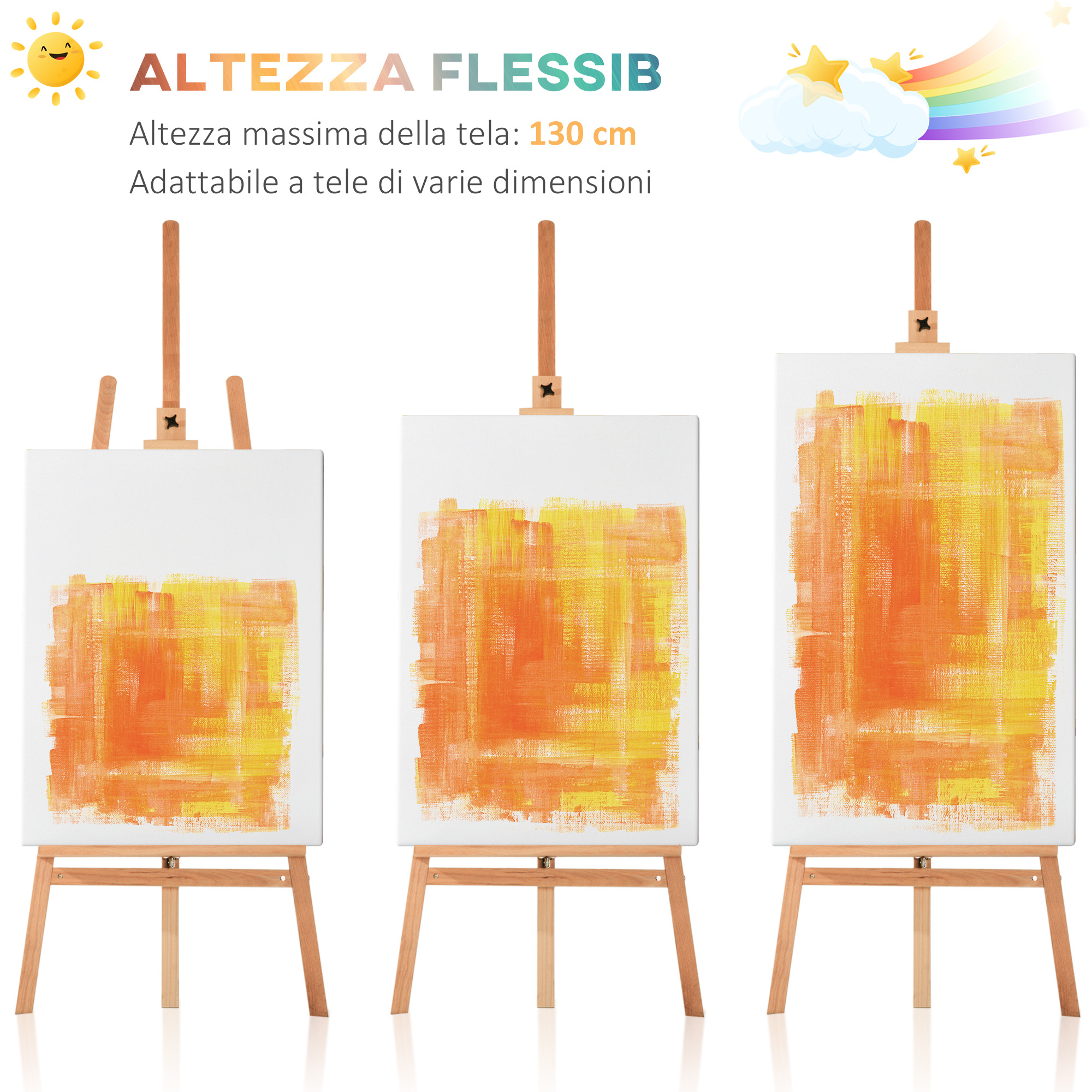 Cavalletto per pittura treppiede con supporto per tela regolabile in legno di faggio, 65x68x174-230 cm - 