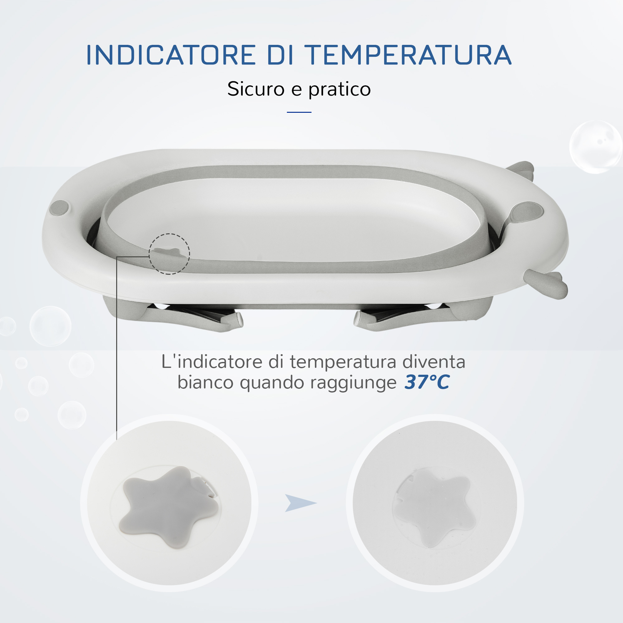 Vaschetta bagnetto pieghevole per bambini 0-3 anni con indicatore di temperatura e cuscino, 81.5x50.5x23.5cm, bianco - 
