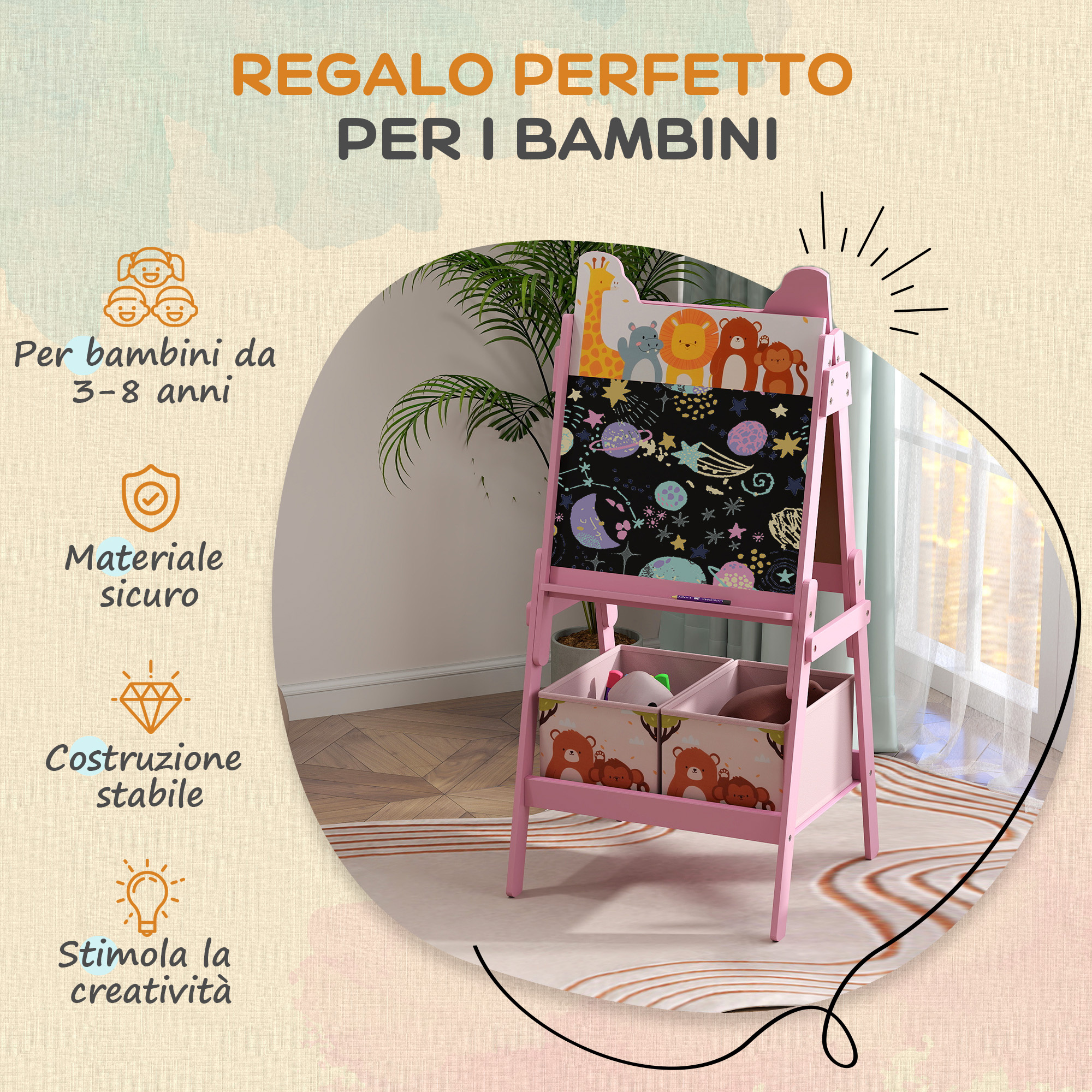 Cavalletto artistico per bambini 3-8 anni con lavagna a 2 lati e 2 cestini contenitori, in legno, 53.5x49x113 cm, rosa - 
