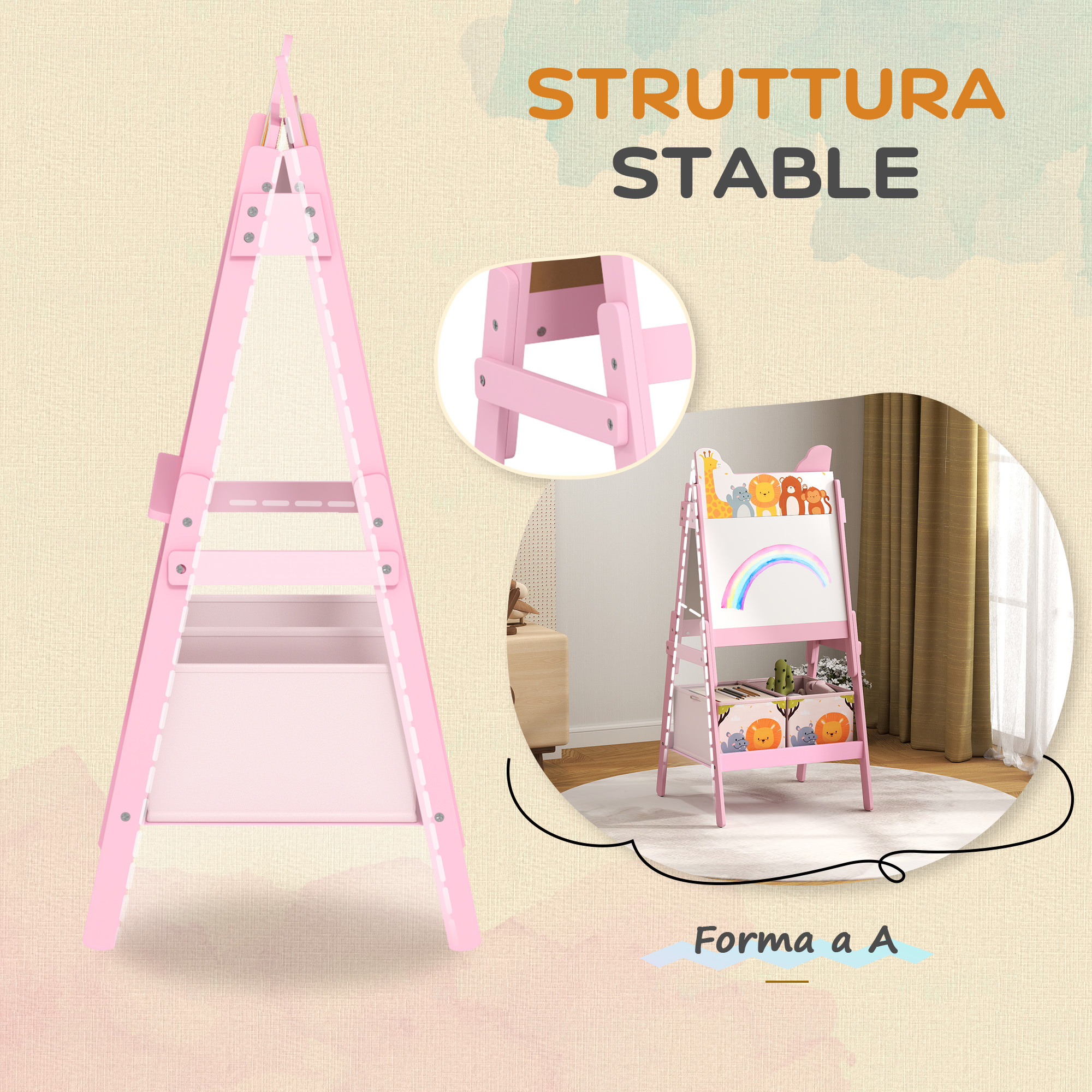 Cavalletto artistico per bambini 3-8 anni con lavagna a 2 lati e 2 cestini contenitori, in legno, 53.5x49x113 cm, rosa - 