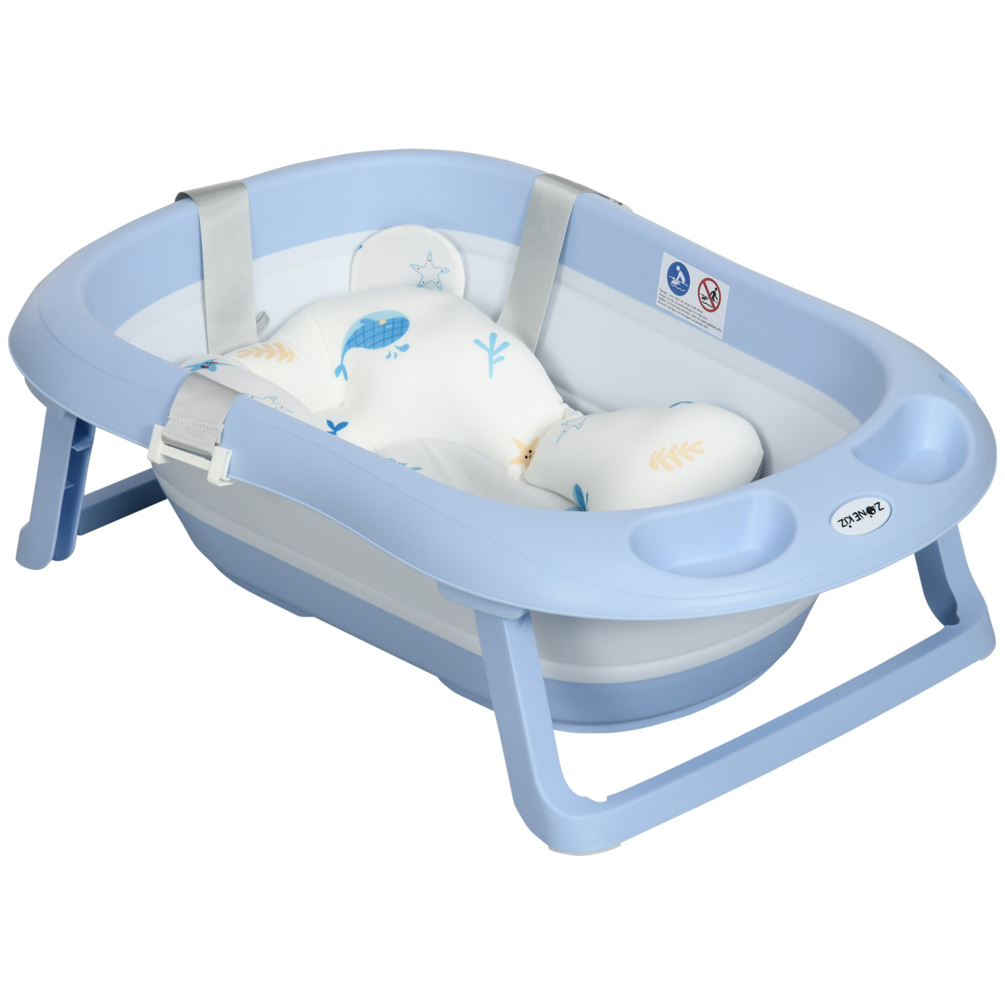 Vaschetta bagnetto pieghevole bambini 0-6 anni con cuscino e 2 ripiani, 83x48x23.5 cm, blu e bianco - 