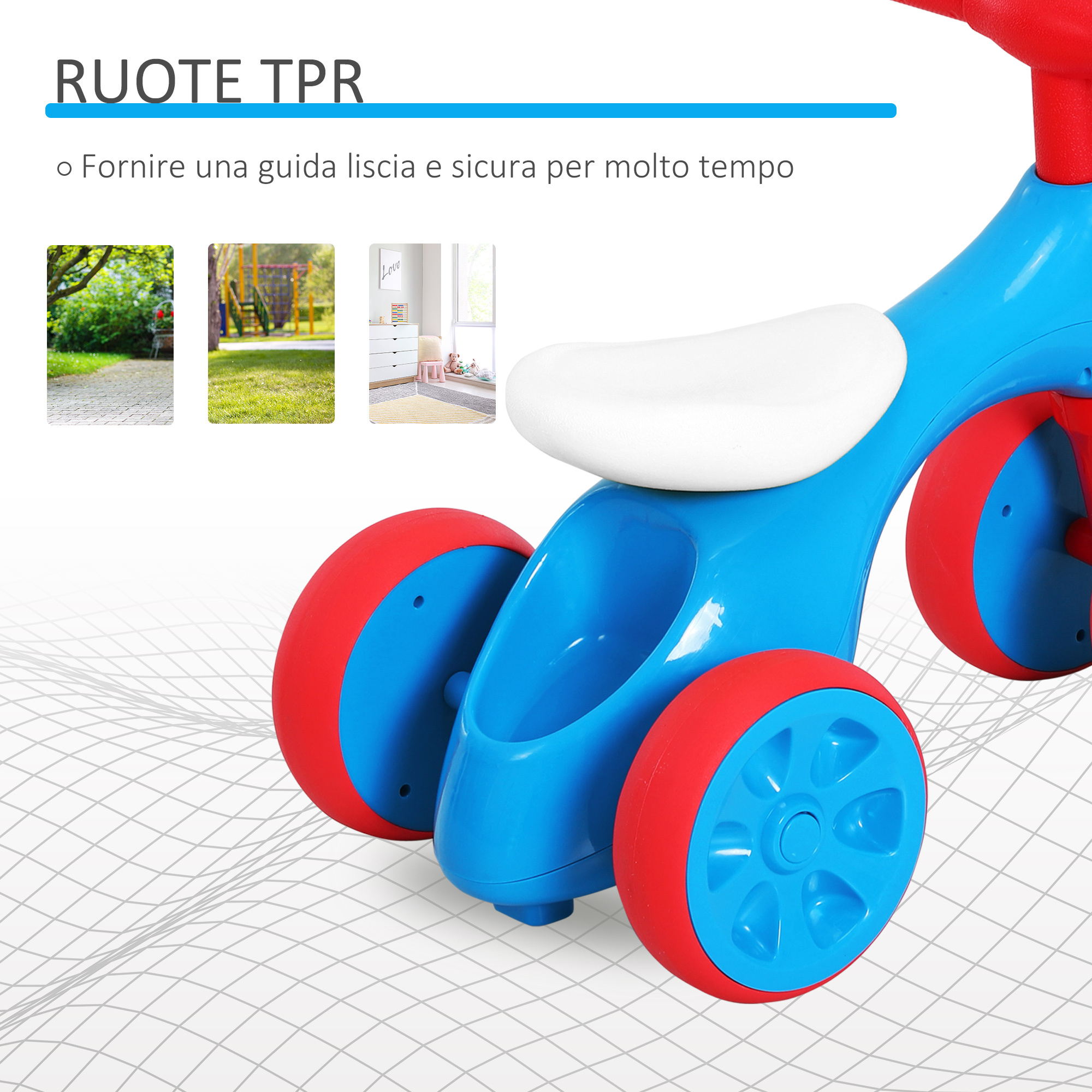 Bicicletta equilibrio senza pedali giochi con 4 ruote per bambini da 18-36 mesi blu e rosso 57cm x 33.5cm x 42.5cm - 