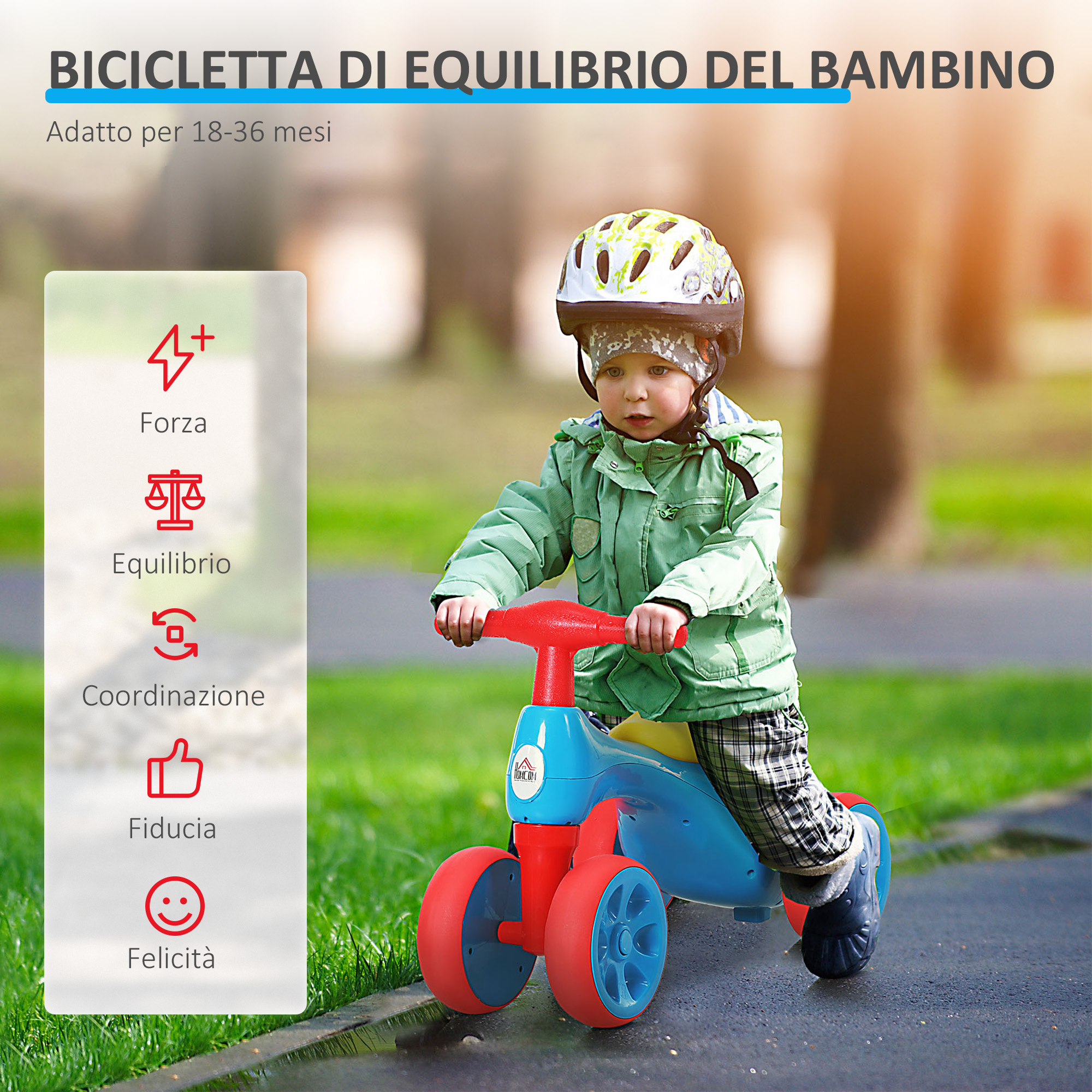 Bicicletta equilibrio senza pedali giochi con 4 ruote per bambini da 18-36 mesi blu e rosso 57cm x 33.5cm x 42.5cm - 