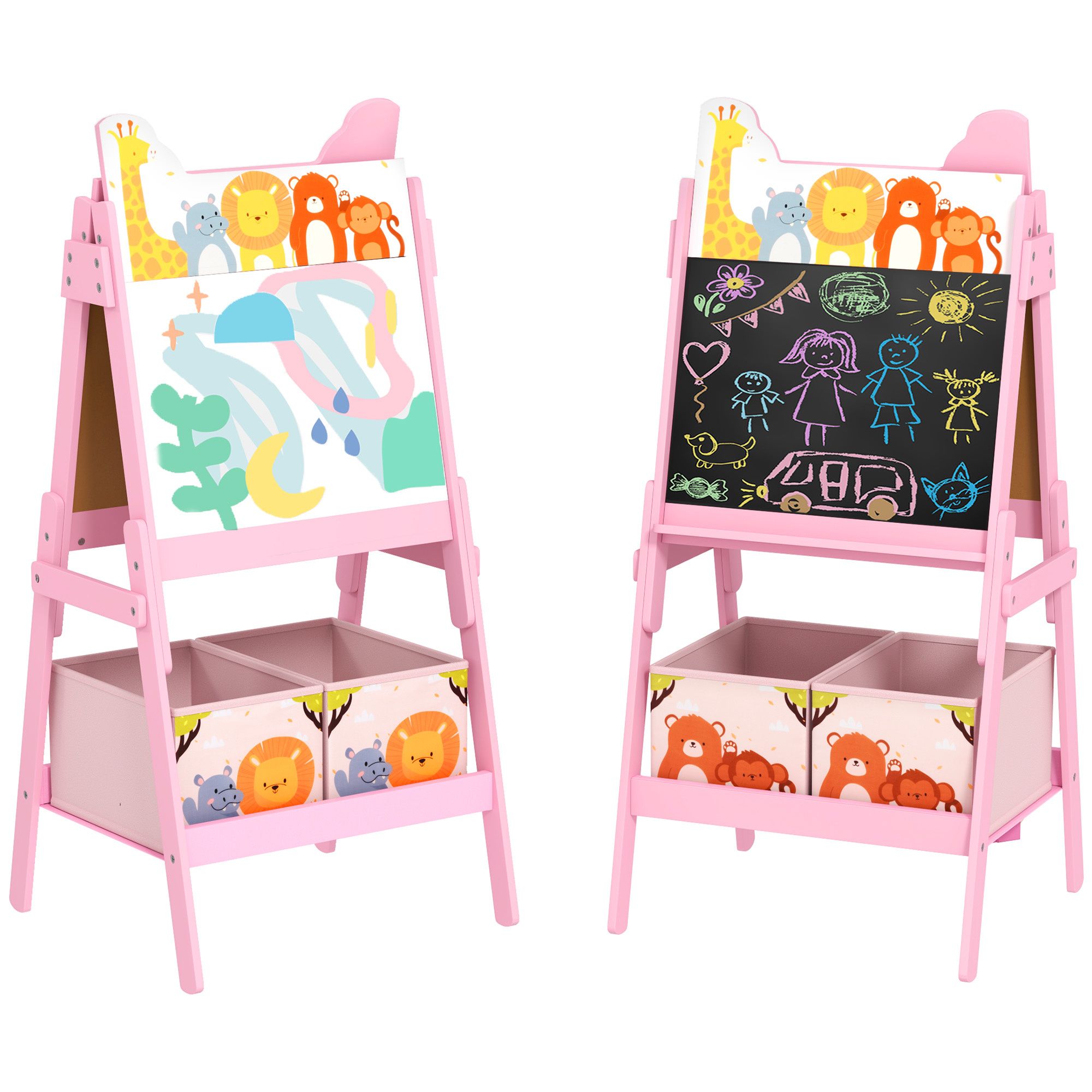 Cavalletto artistico per bambini 3-8 anni con lavagna a 2 lati e 2 cestini contenitori, in legno, 53.5x49x113 cm, rosa - 