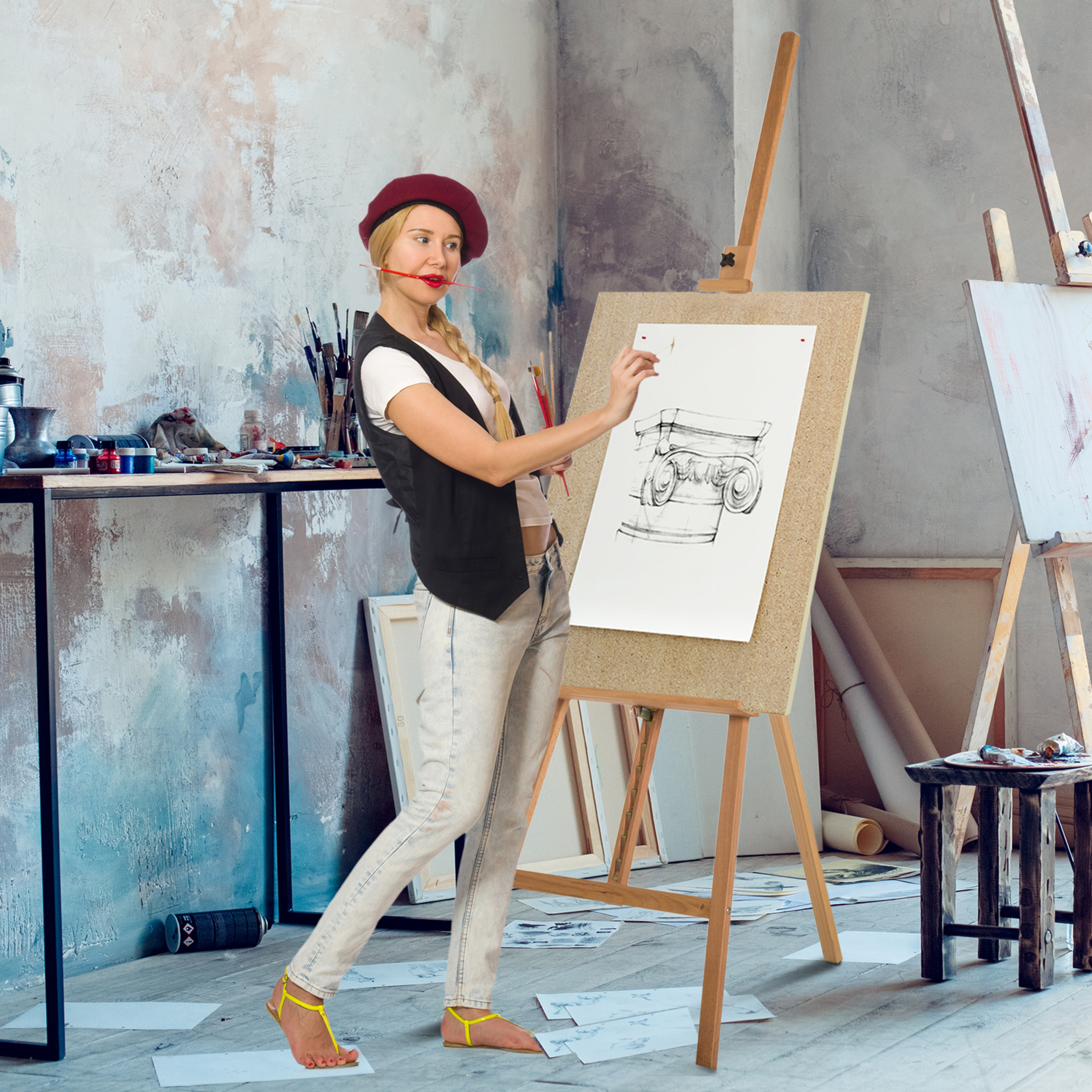 Cavalletto per pittura treppiede con supporto per tela regolabile in legno di faggio, 65x68x174-230 cm - 